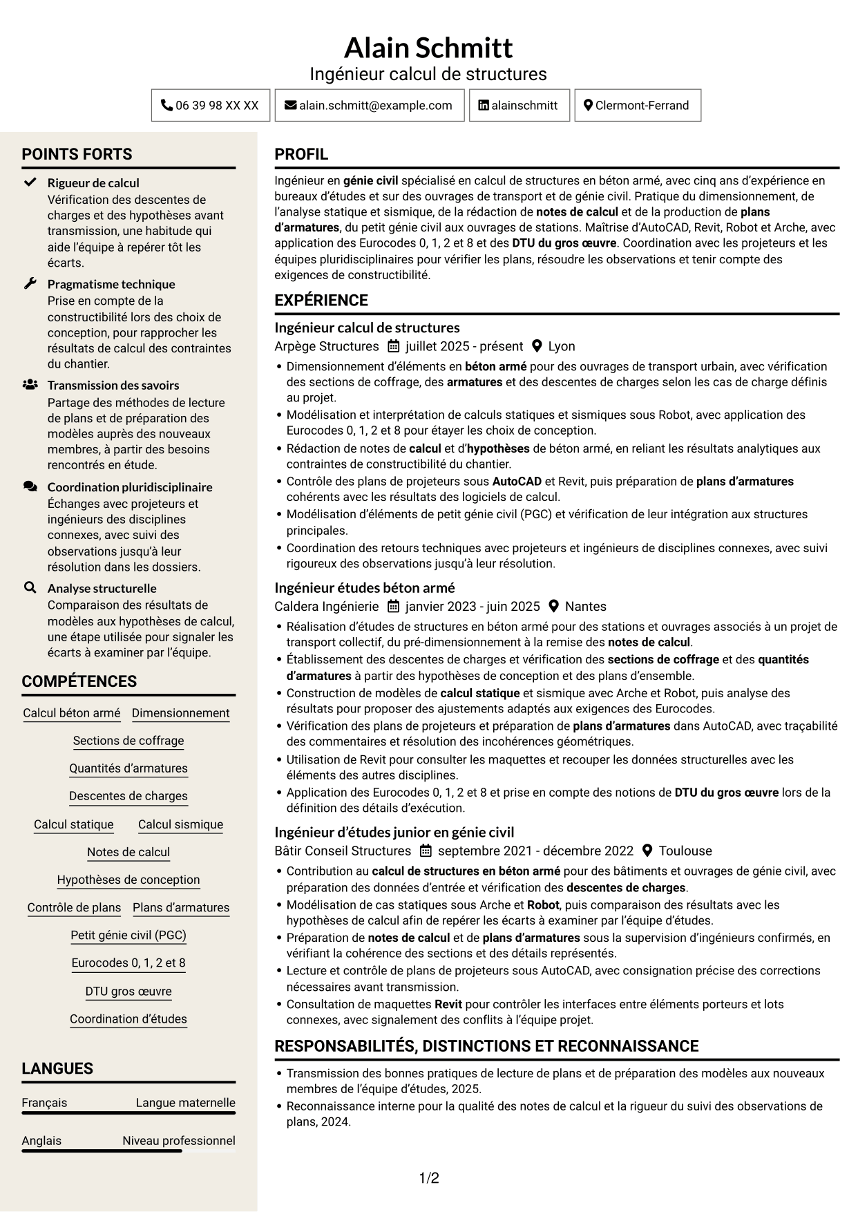 CV Fonceur (format à deux colonnes avec en-tête centré sans photo) : Ingénieur calcul de structures - Ouvrages de métro, page 1