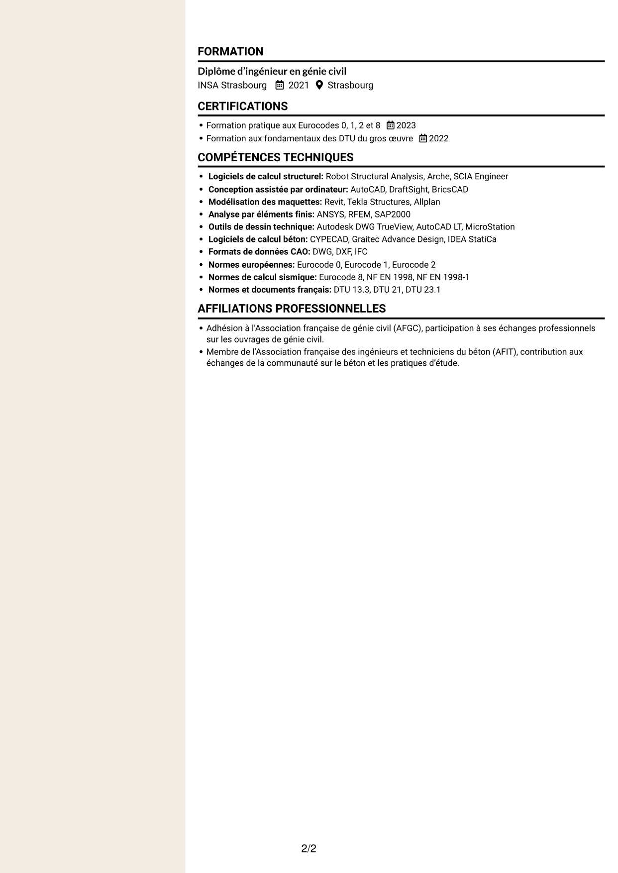 CV Fonceur (format à deux colonnes avec en-tête centré sans photo) : Ingénieur calcul de structures - Ouvrages de métro, page 2