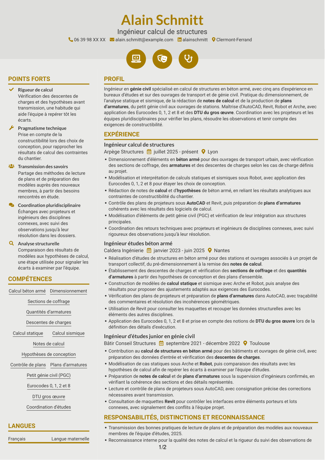 CV Dynamique (format à deux colonnes avec icônes) : Ingénieur calcul de structures - Ouvrages de métro, page 1