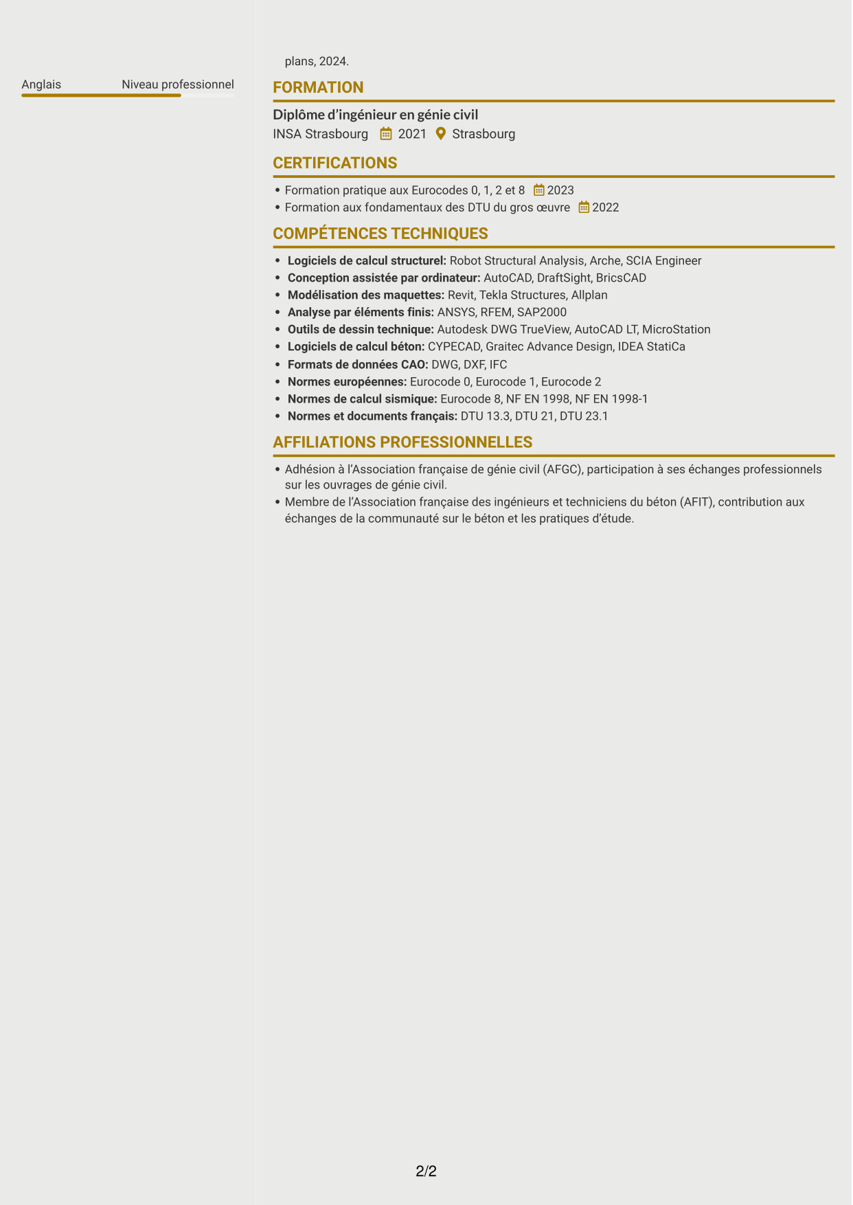 CV Dynamique (format à deux colonnes avec icônes) : Ingénieur calcul de structures - Ouvrages de métro, page 2