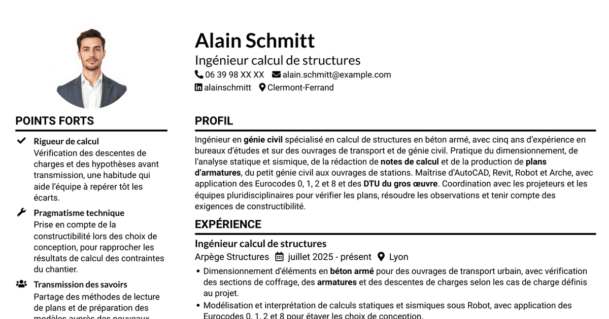 7 modèles de CV pour Ingénieur calcul de structures - Ouvrages de métro, avec exemples