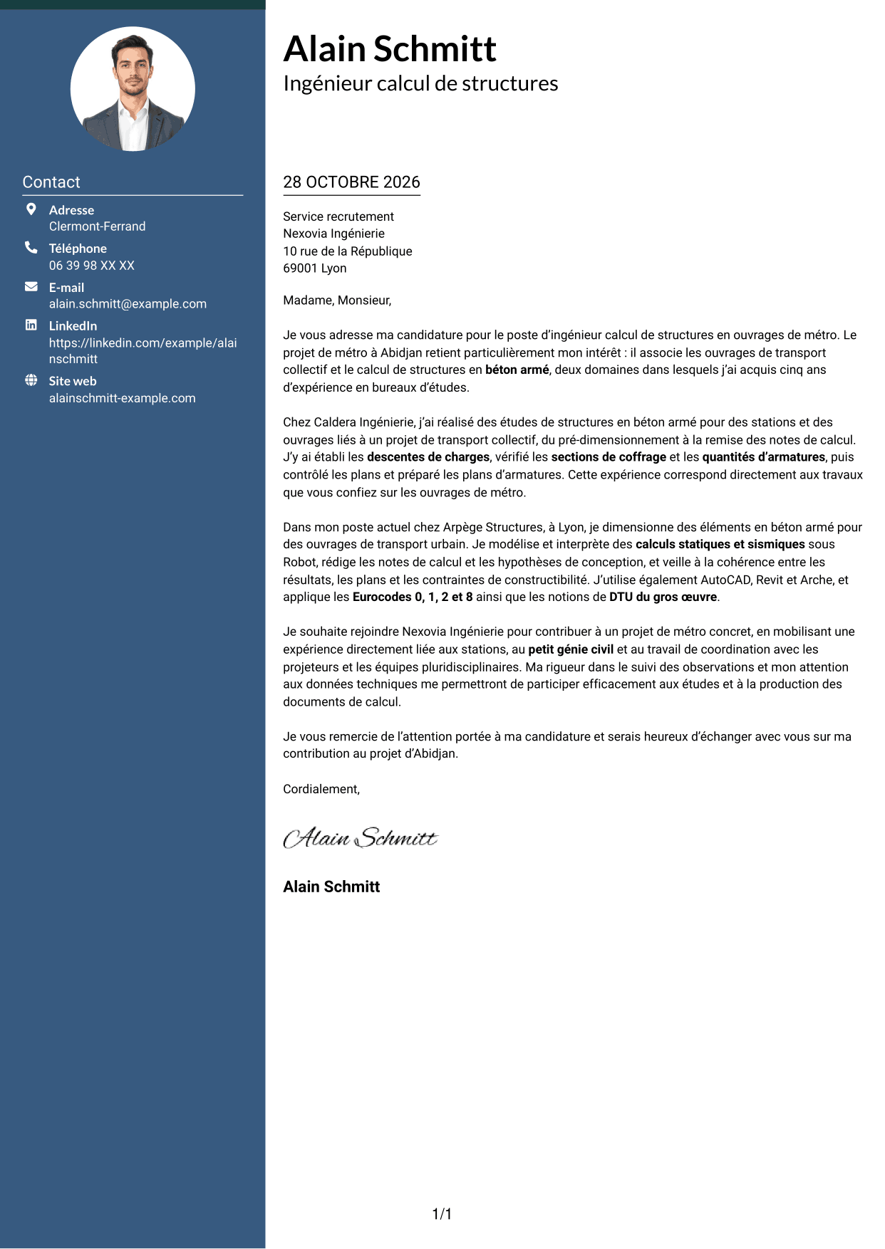 Lettre de motivation Élégant (format à colonne latérale colorée avec photo) : Ingénieur calcul de structures - Ouvrages de métro, page 1