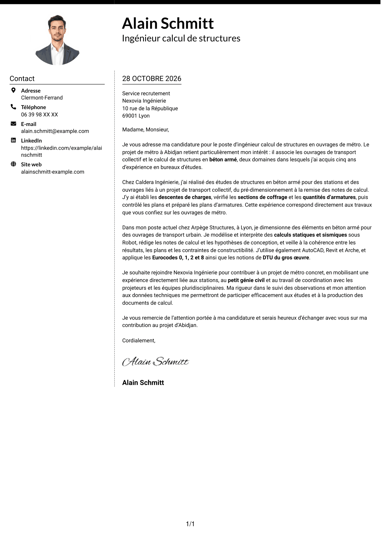 Lettre de motivation Moderne (format à deux colonnes avec photo à gauche et séparateur) : Ingénieur calcul de structures - Ouvrages de métro, page 1