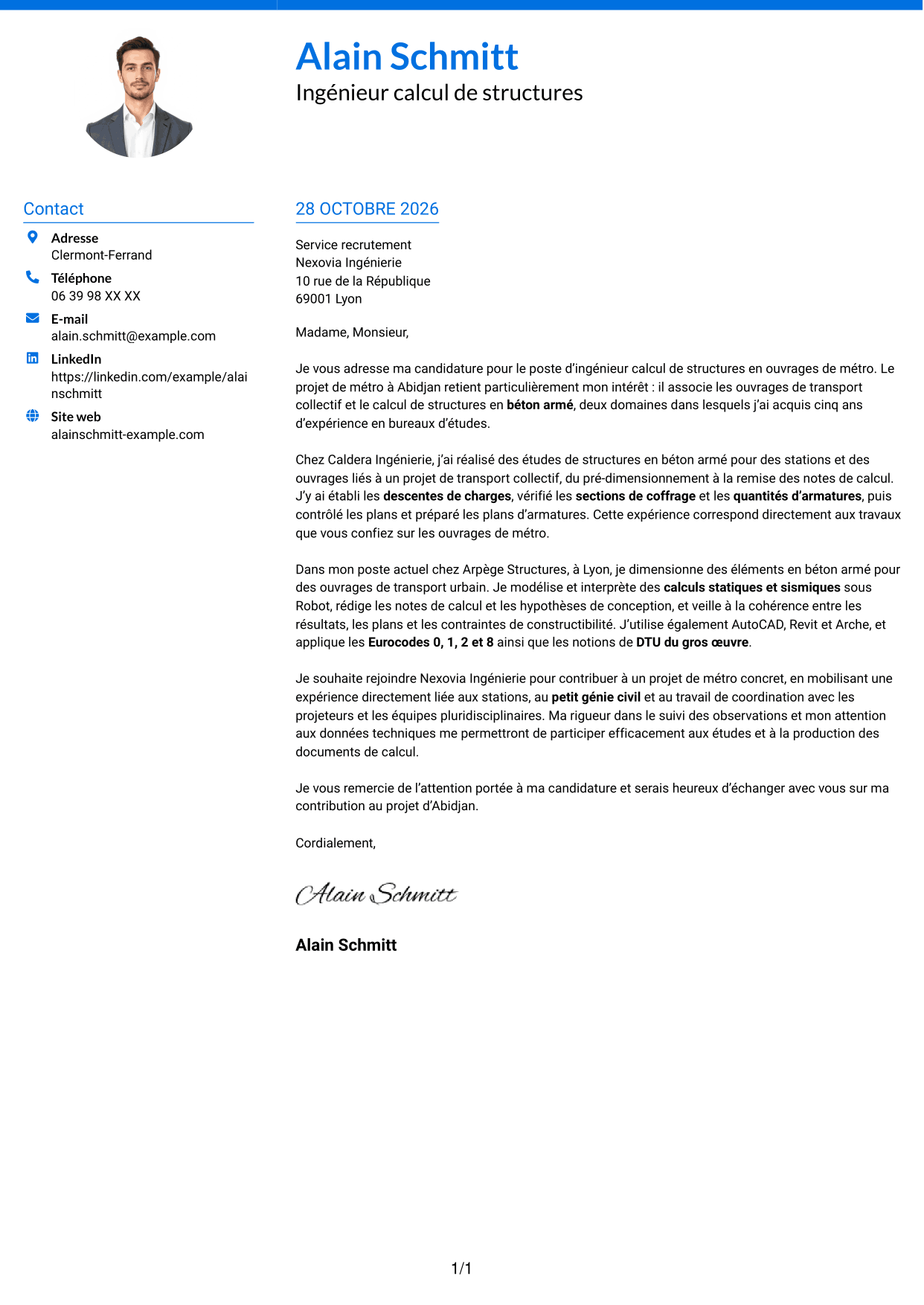Lettre de motivation Audacieux (format à deux colonnes avec accents colorés et photo) : Ingénieur calcul de structures - Ouvrages de métro, page 1