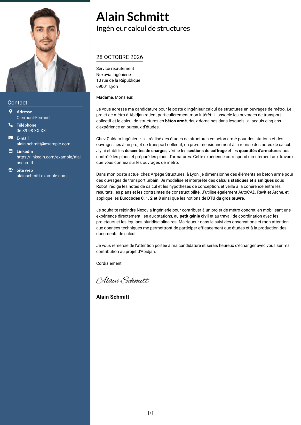 Lettre de motivation Signature (format à colonne latérale colorée avec grande photo) : Ingénieur calcul de structures - Ouvrages de métro, page 1