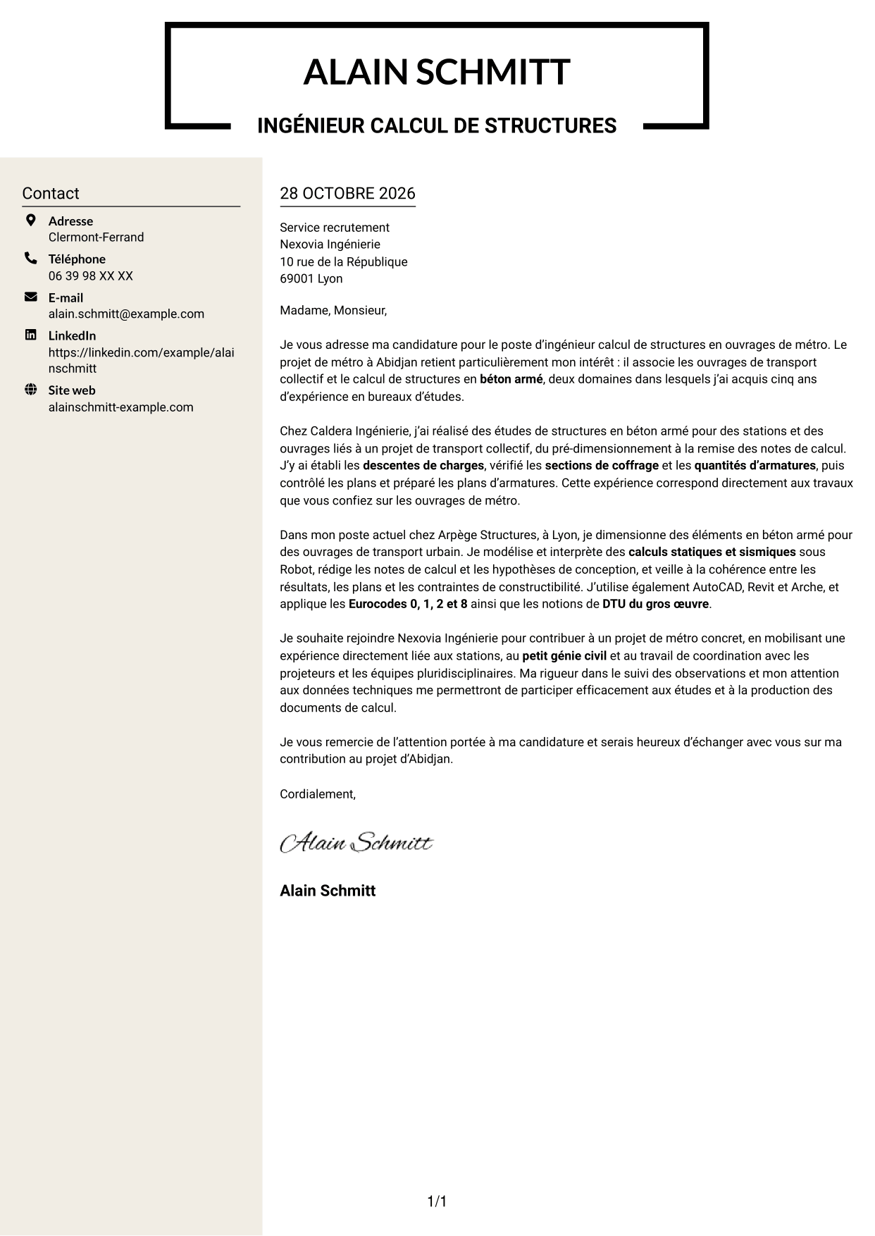Lettre de motivation Fonceur (format à deux colonnes avec en-tête centré sans photo) : Ingénieur calcul de structures - Ouvrages de métro, page 1