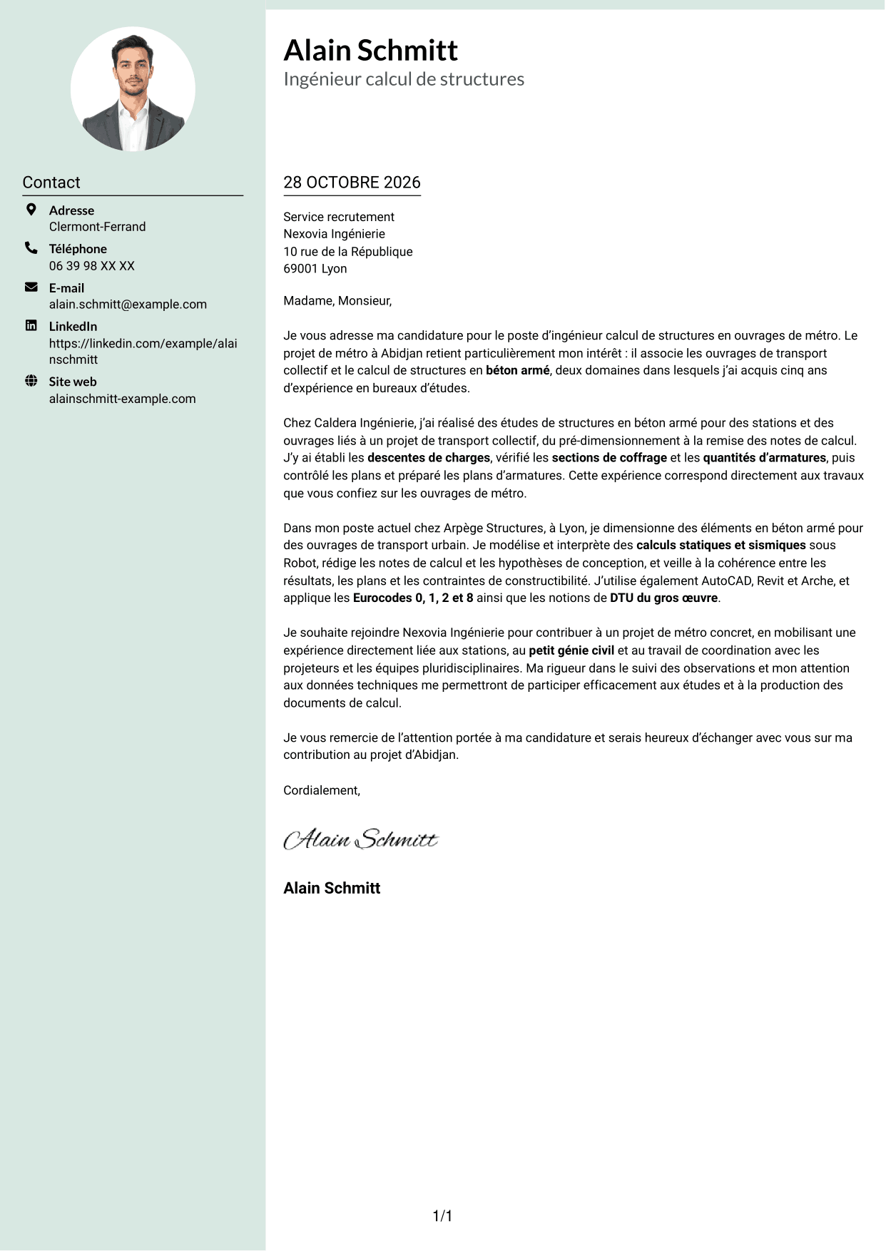 Lettre de motivation Cadre (format à colonne latérale douce avec photo arrondie) : Ingénieur calcul de structures - Ouvrages de métro, page 1