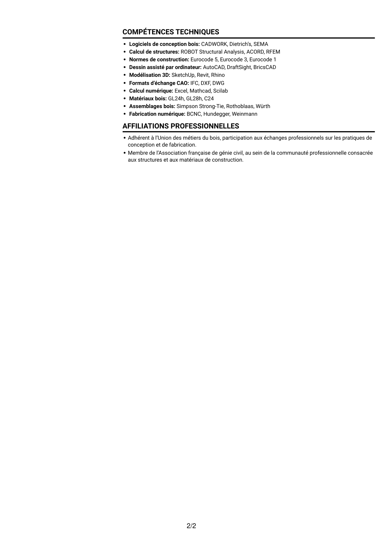 CV Compact (format sobre à deux colonnes avec photo) : Ingénieur calcul structures bois, page 2