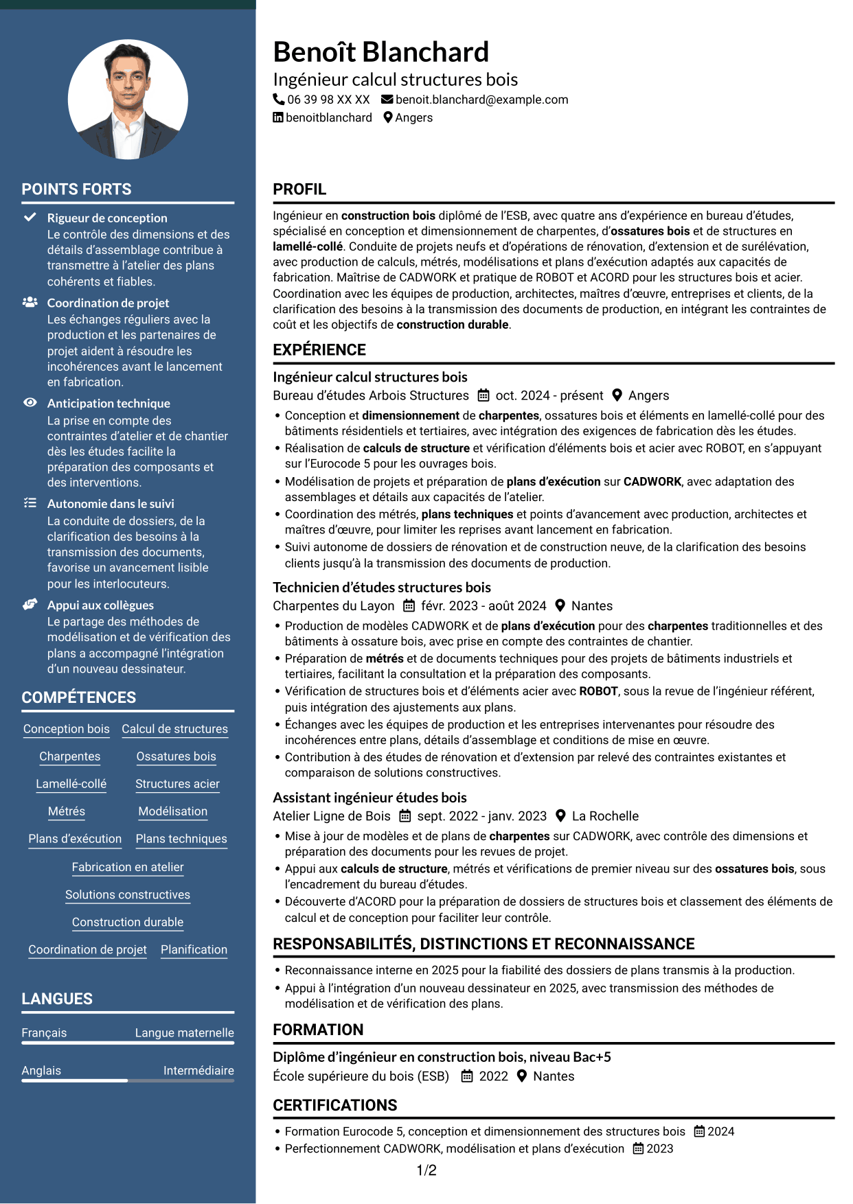 CV Élégant (format à colonne latérale colorée avec photo) : Ingénieur calcul structures bois, page 1