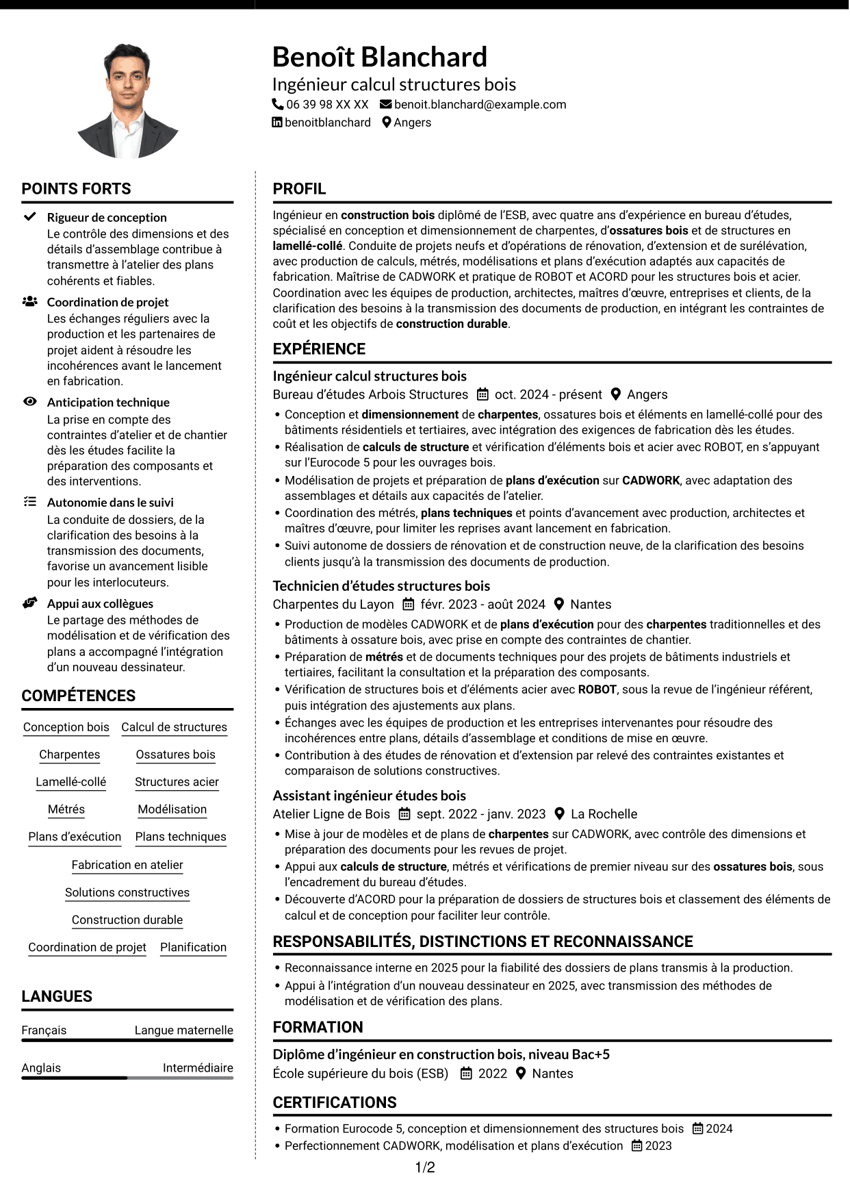 CV Moderne (format à deux colonnes avec photo à gauche et séparateur) : Ingénieur calcul structures bois, page 1
