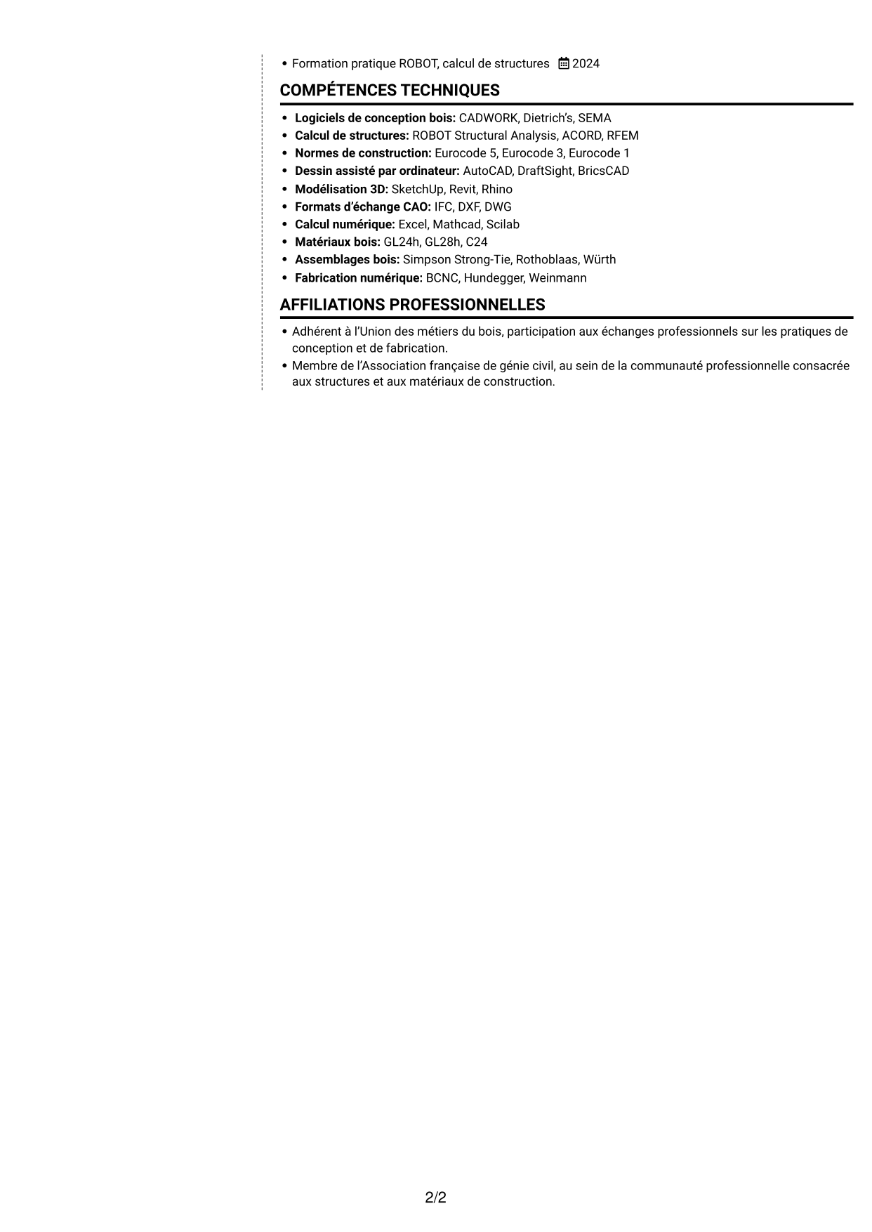 CV Moderne (format à deux colonnes avec photo à gauche et séparateur) : Ingénieur calcul structures bois, page 2