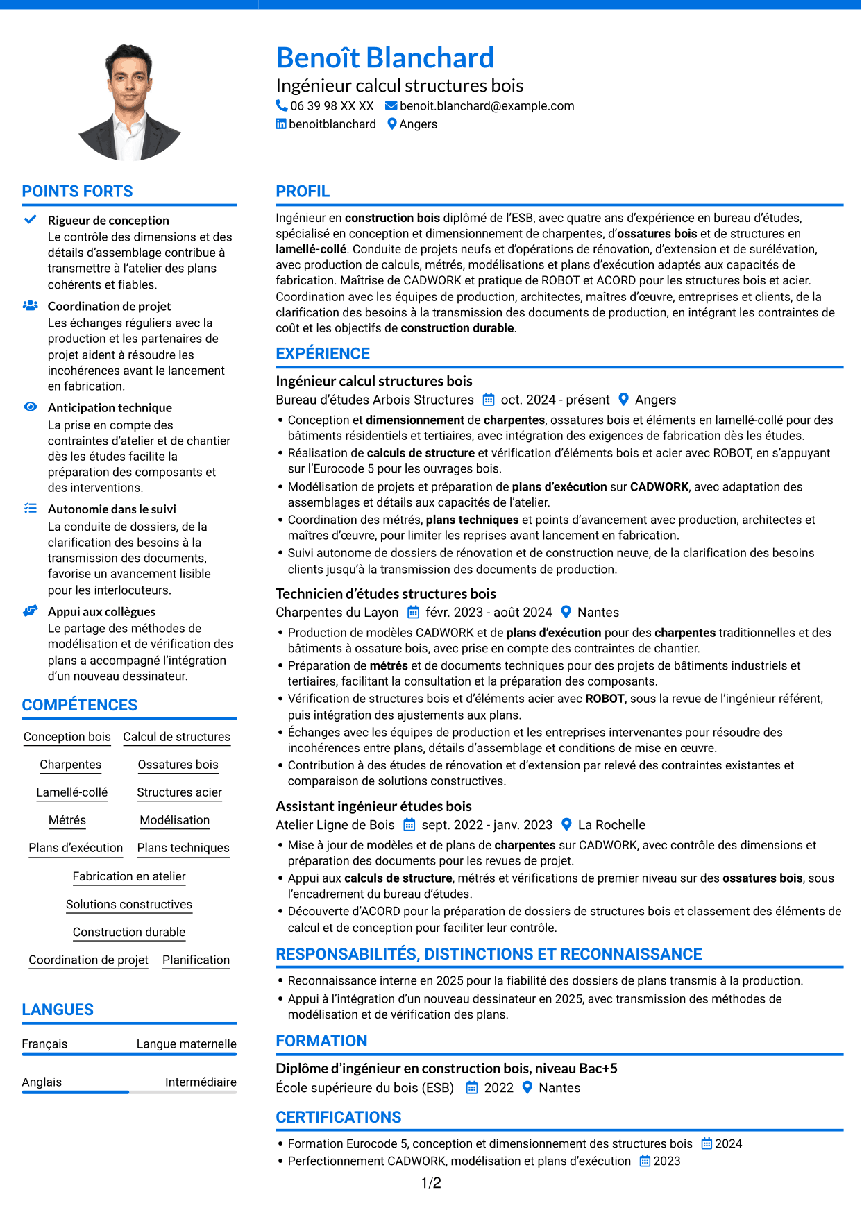 CV Audacieux (format à deux colonnes avec accents colorés et photo) : Ingénieur calcul structures bois, page 1