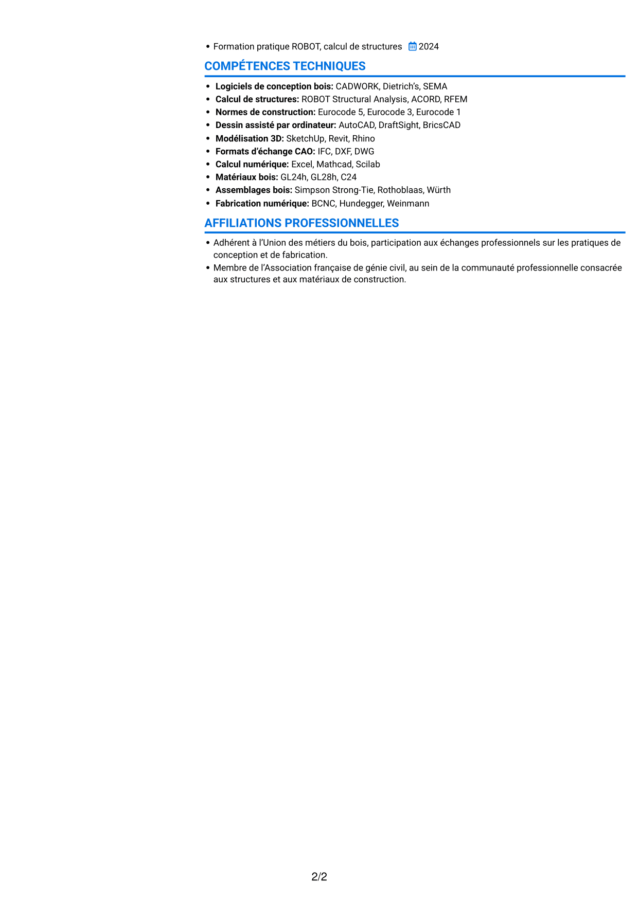 CV Audacieux (format à deux colonnes avec accents colorés et photo) : Ingénieur calcul structures bois, page 2
