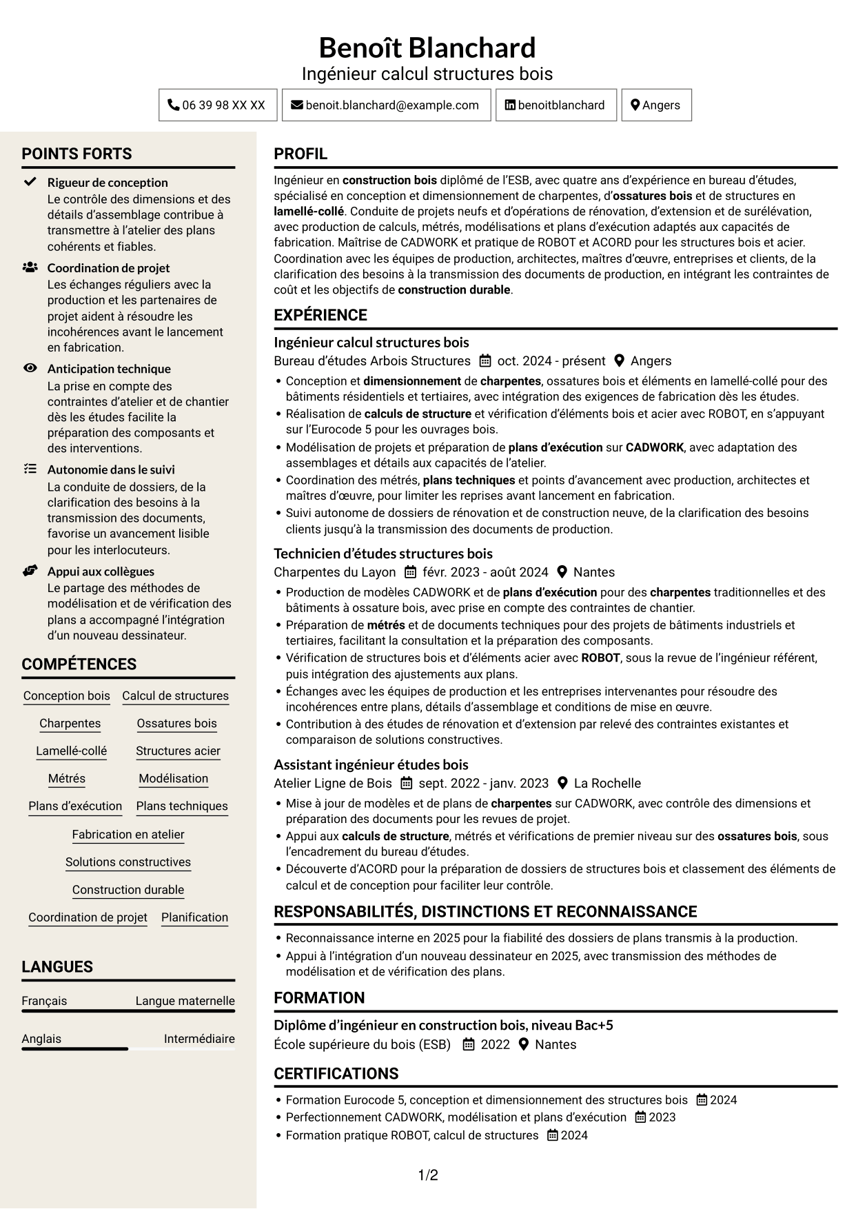 CV Fonceur (format à deux colonnes avec en-tête centré sans photo) : Ingénieur calcul structures bois, page 1