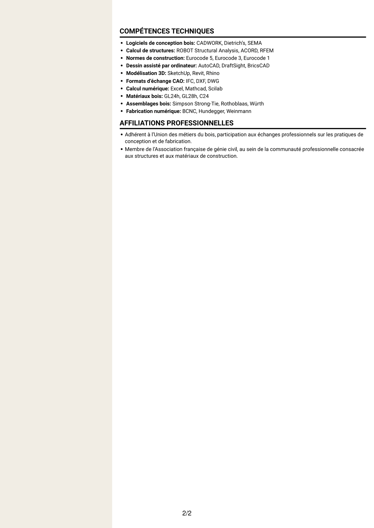 CV Fonceur (format à deux colonnes avec en-tête centré sans photo) : Ingénieur calcul structures bois, page 2