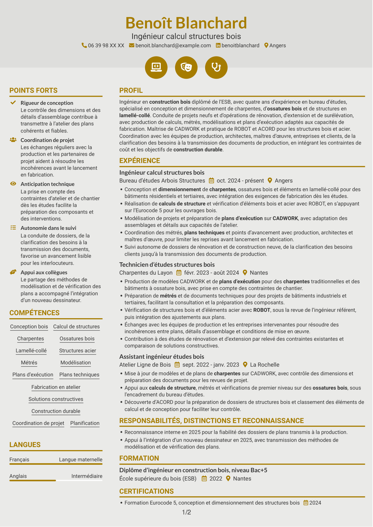 CV Dynamique (format à deux colonnes avec icônes) : Ingénieur calcul structures bois, page 1