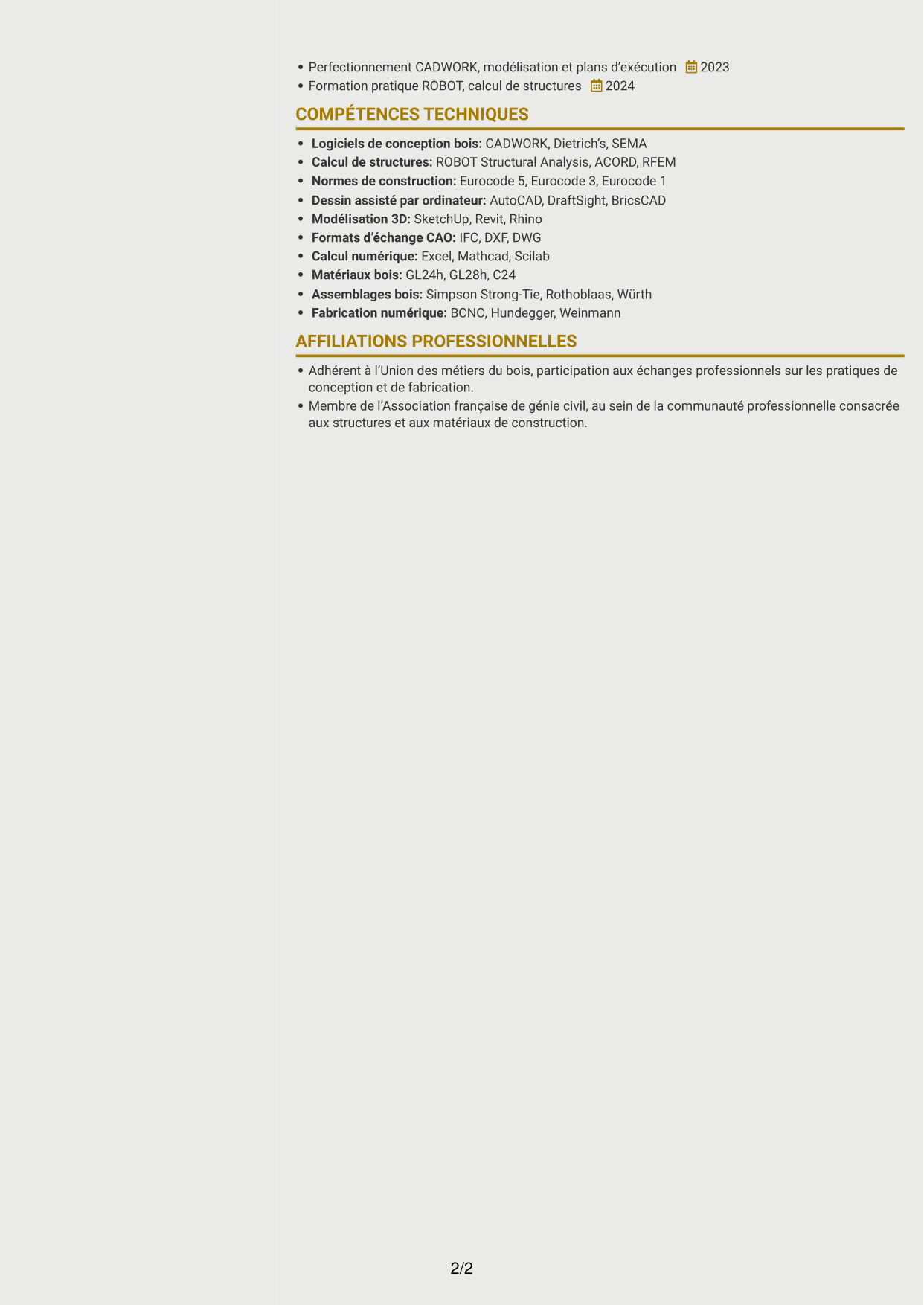 CV Dynamique (format à deux colonnes avec icônes) : Ingénieur calcul structures bois, page 2