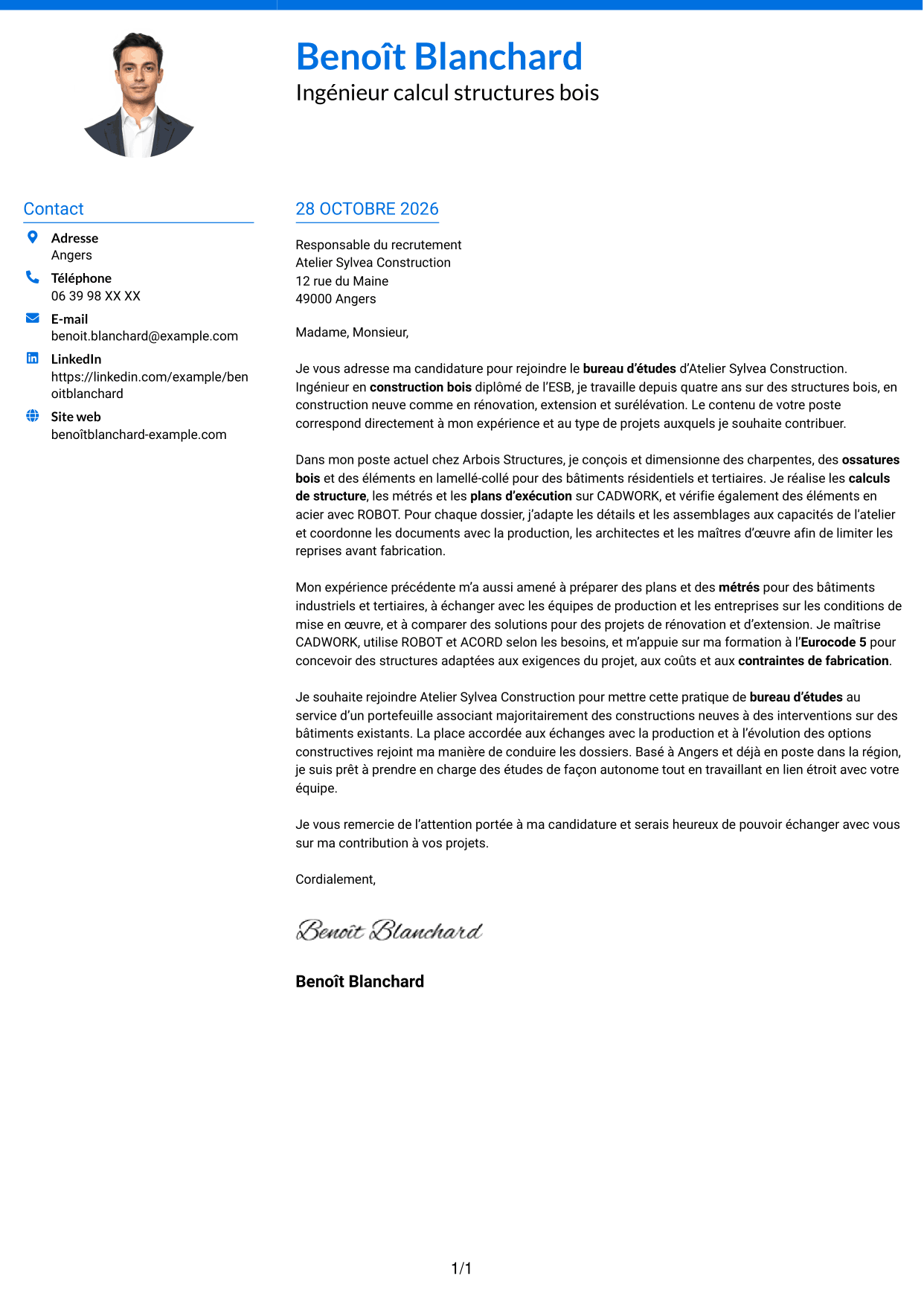 Lettre de motivation Audacieux (format à deux colonnes avec accents colorés et photo) : Ingénieur calcul structures bois, page 1