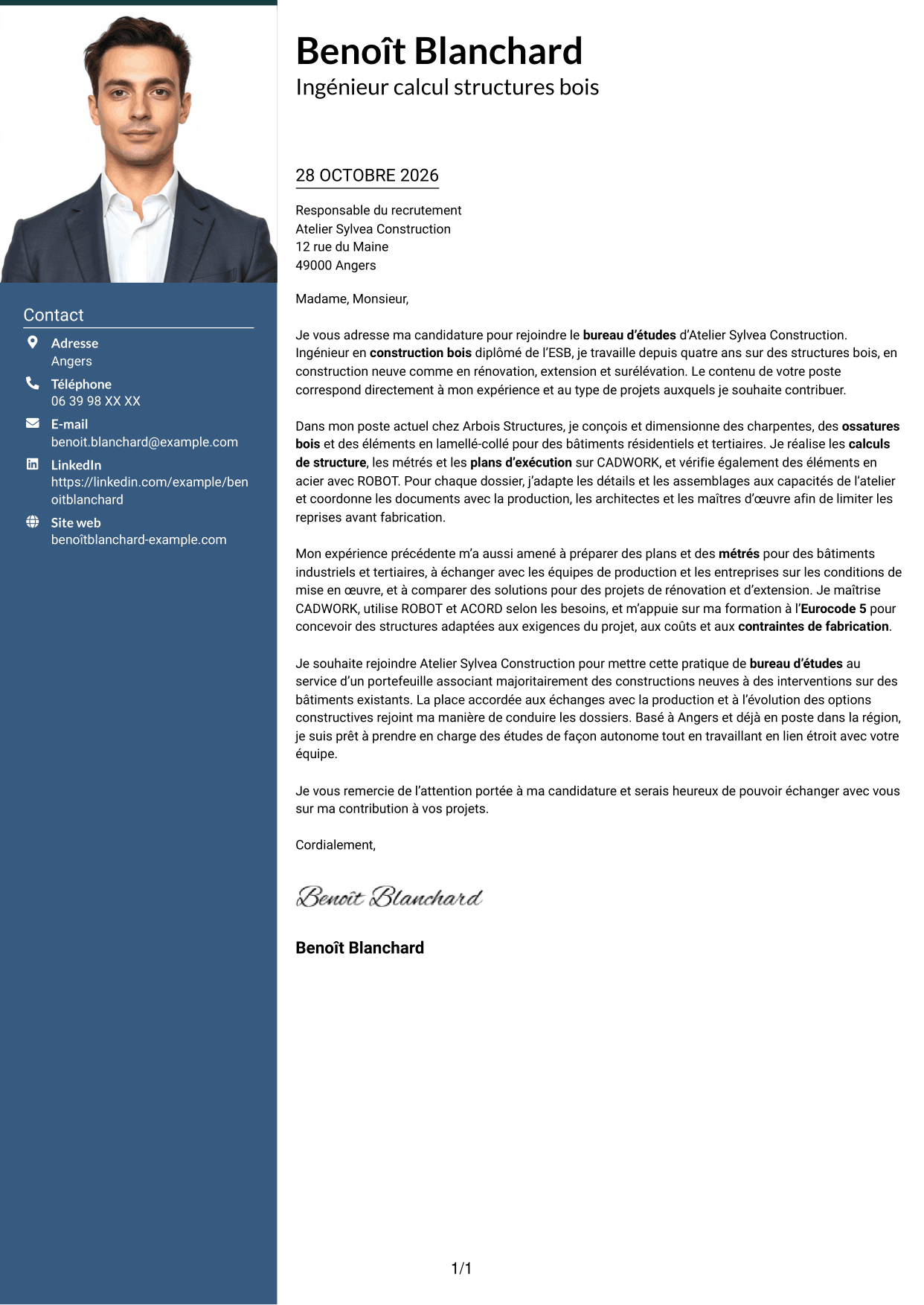 Lettre de motivation Signature (format à colonne latérale colorée avec grande photo) : Ingénieur calcul structures bois, page 1