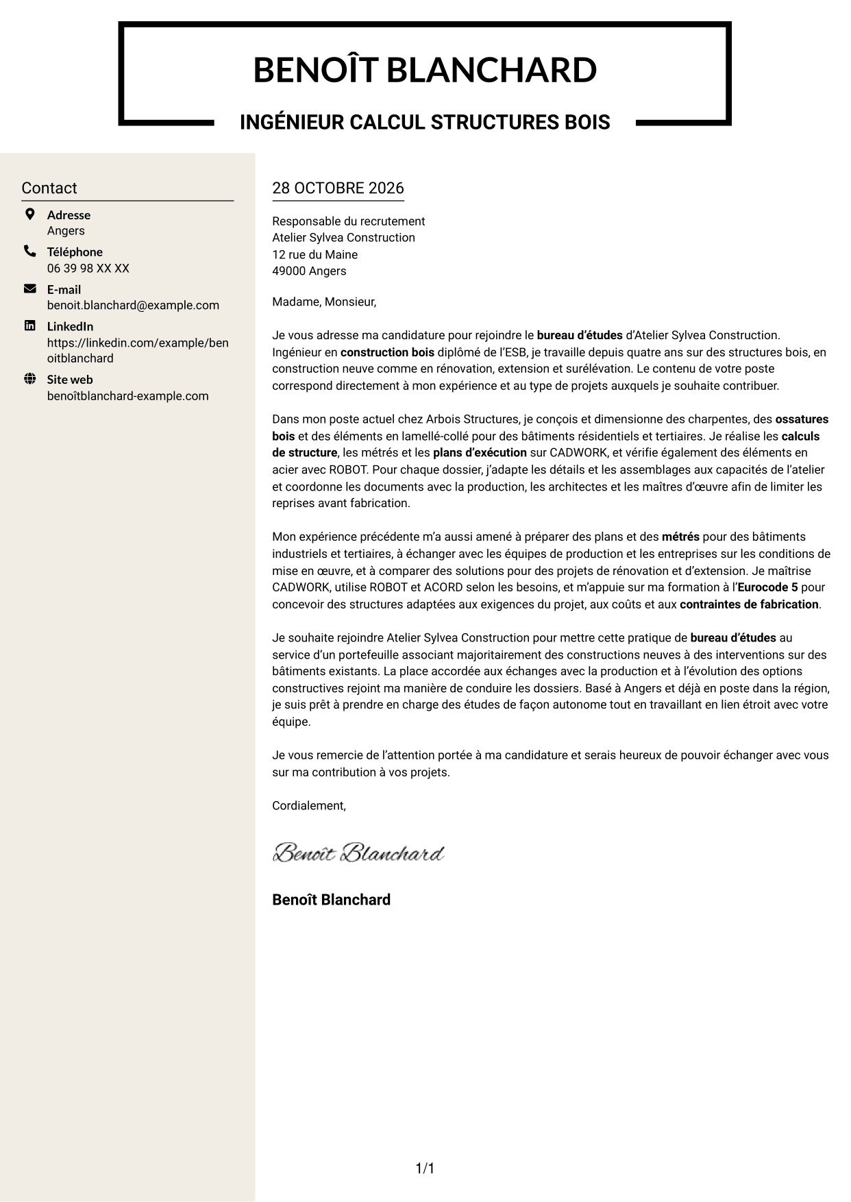 Lettre de motivation Fonceur (format à deux colonnes avec en-tête centré sans photo) : Ingénieur calcul structures bois, page 1