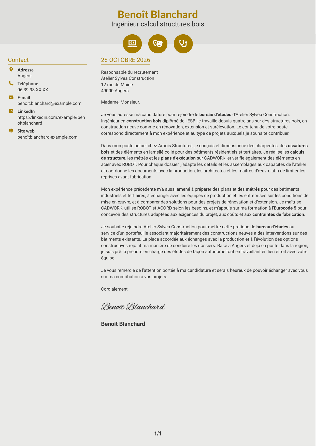 Lettre de motivation Dynamique (format à deux colonnes avec icônes) : Ingénieur calcul structures bois, page 1
