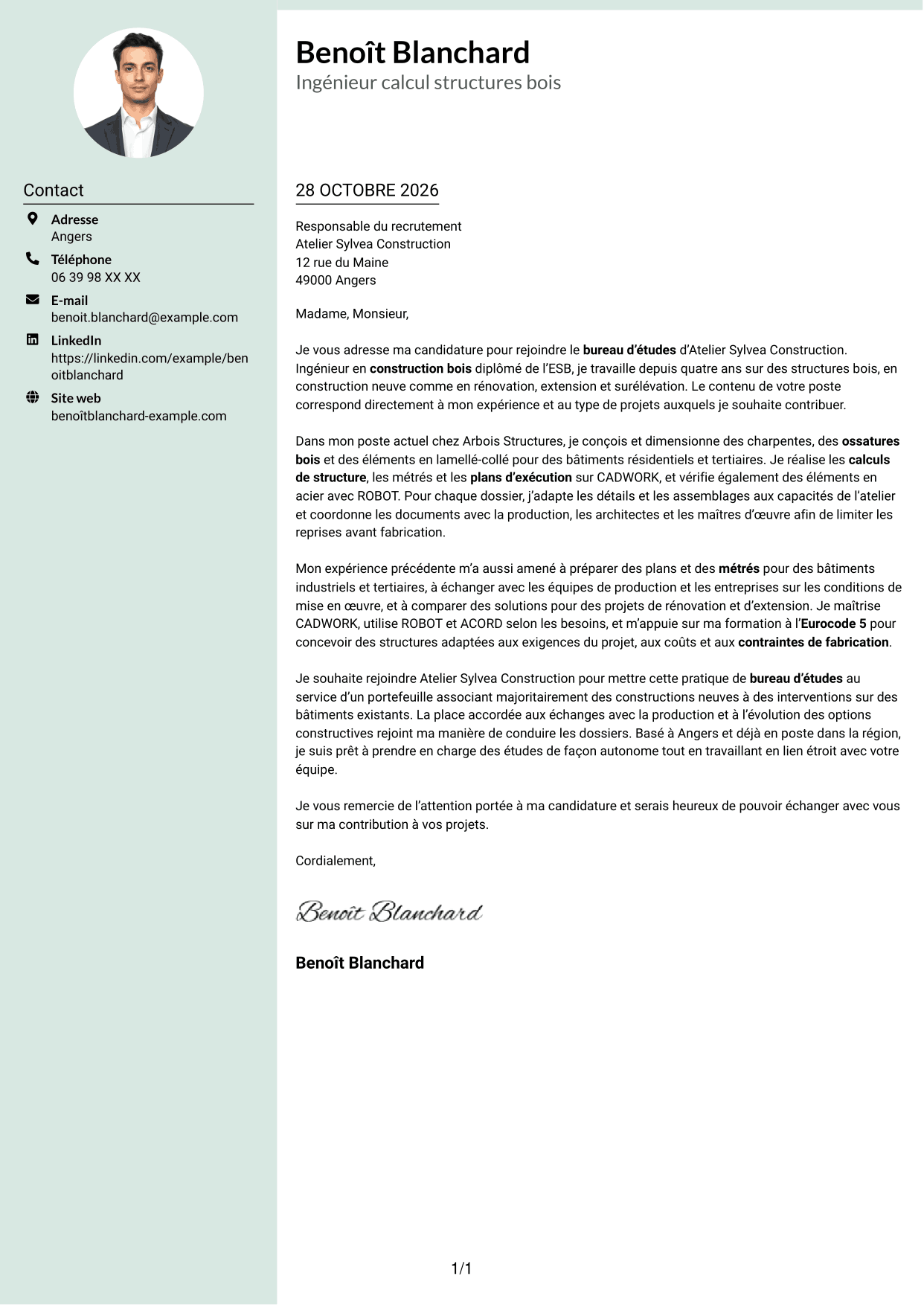Lettre de motivation Cadre (format à colonne latérale douce avec photo arrondie) : Ingénieur calcul structures bois, page 1