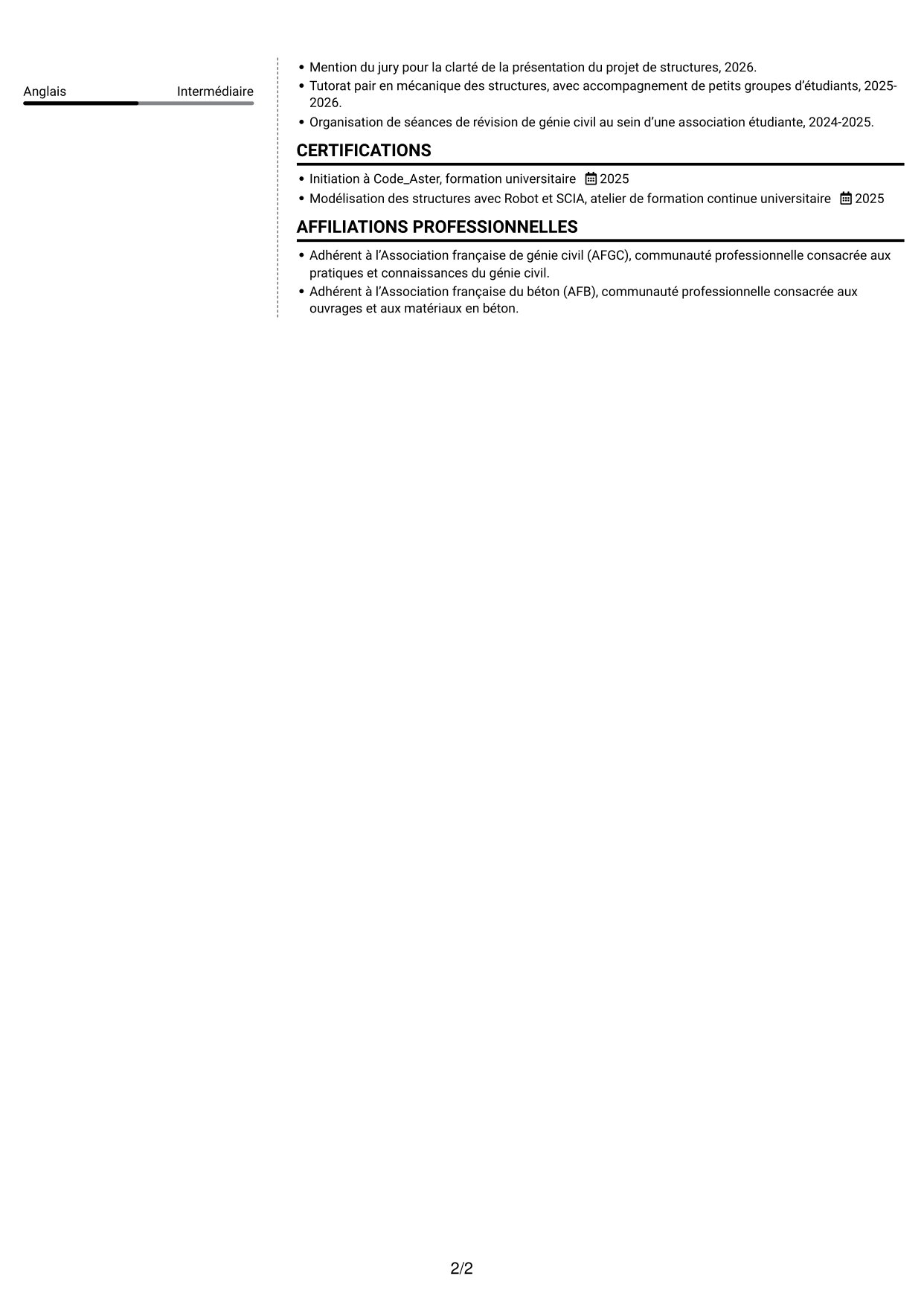 CV Moderne (format à deux colonnes avec photo à gauche et séparateur) : Ingénieur calcul structures - Ouvrages hydrauliques, page 2