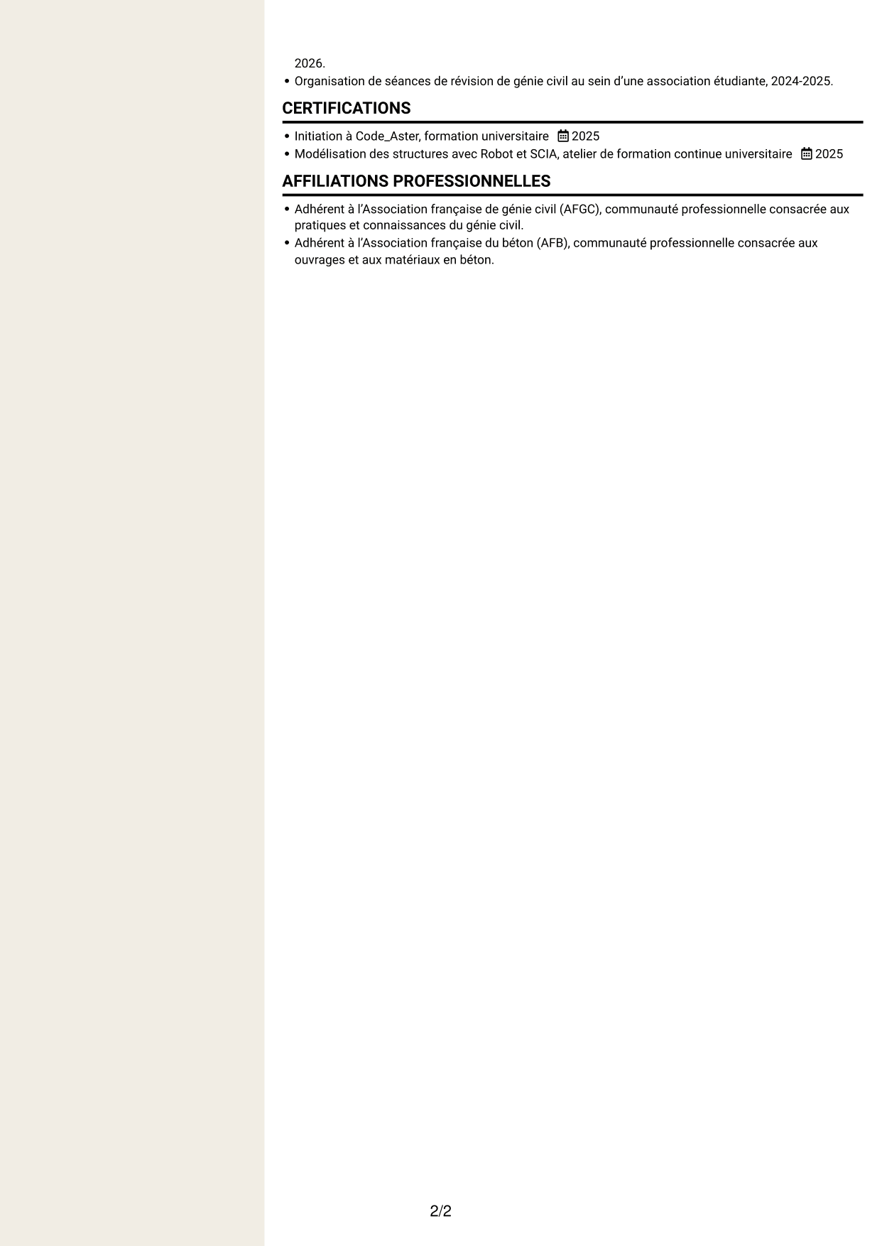 CV Fonceur (format à deux colonnes avec en-tête centré sans photo) : Ingénieur calcul structures - Ouvrages hydrauliques, page 2
