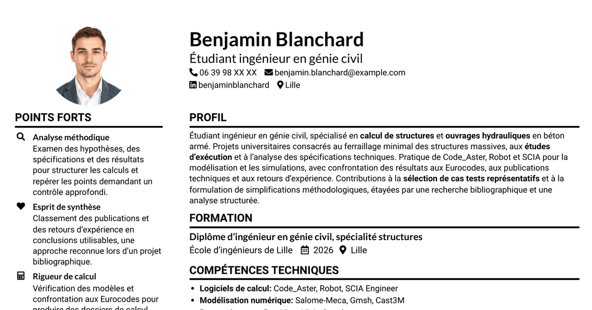 7 modèles de CV pour Ingénieur calcul structures - Ouvrages hydrauliques, avec exemples