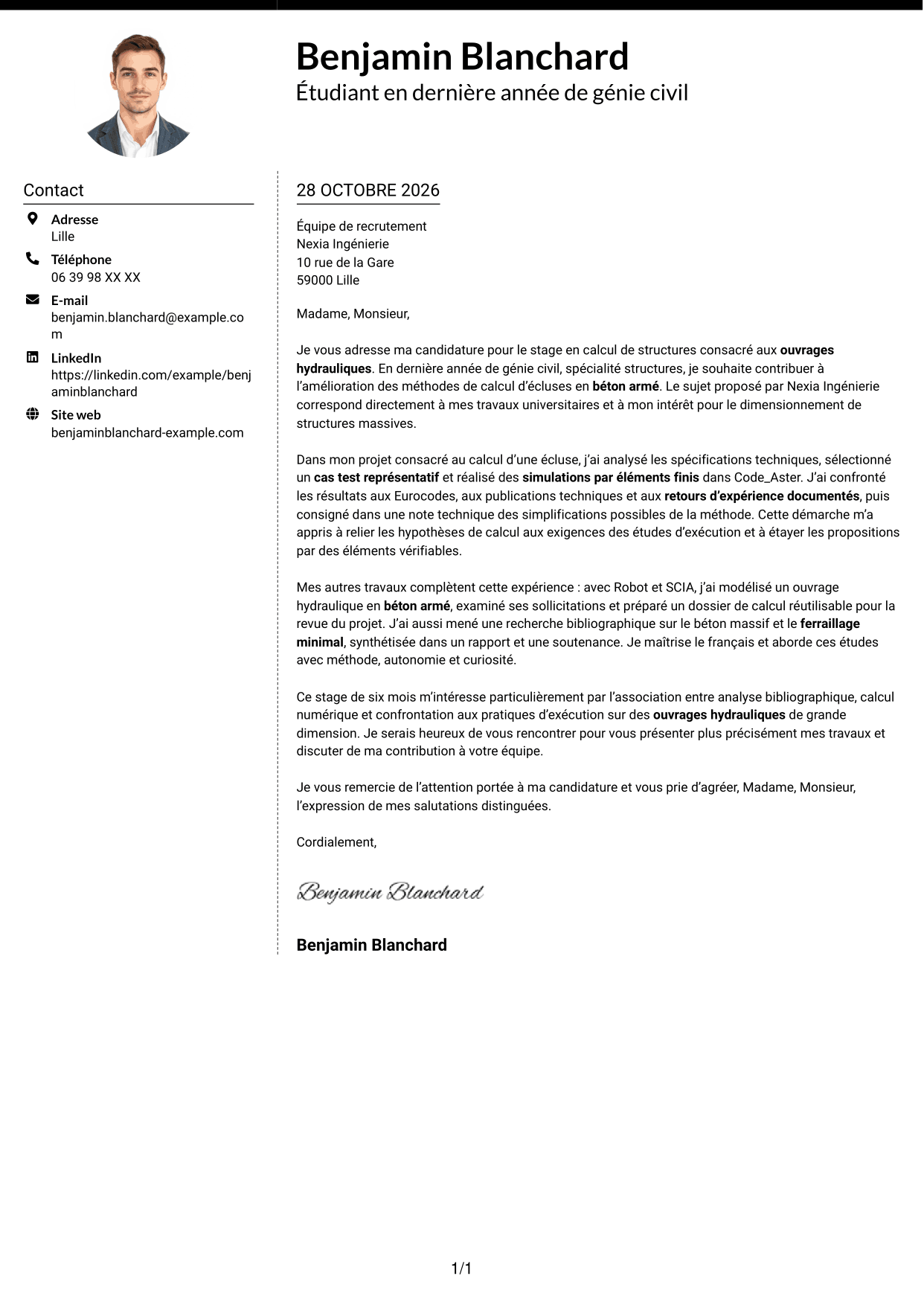 Lettre de motivation Moderne (format à deux colonnes avec photo à gauche et séparateur) : Ingénieur calcul structures - Ouvrages hydrauliques, page 1