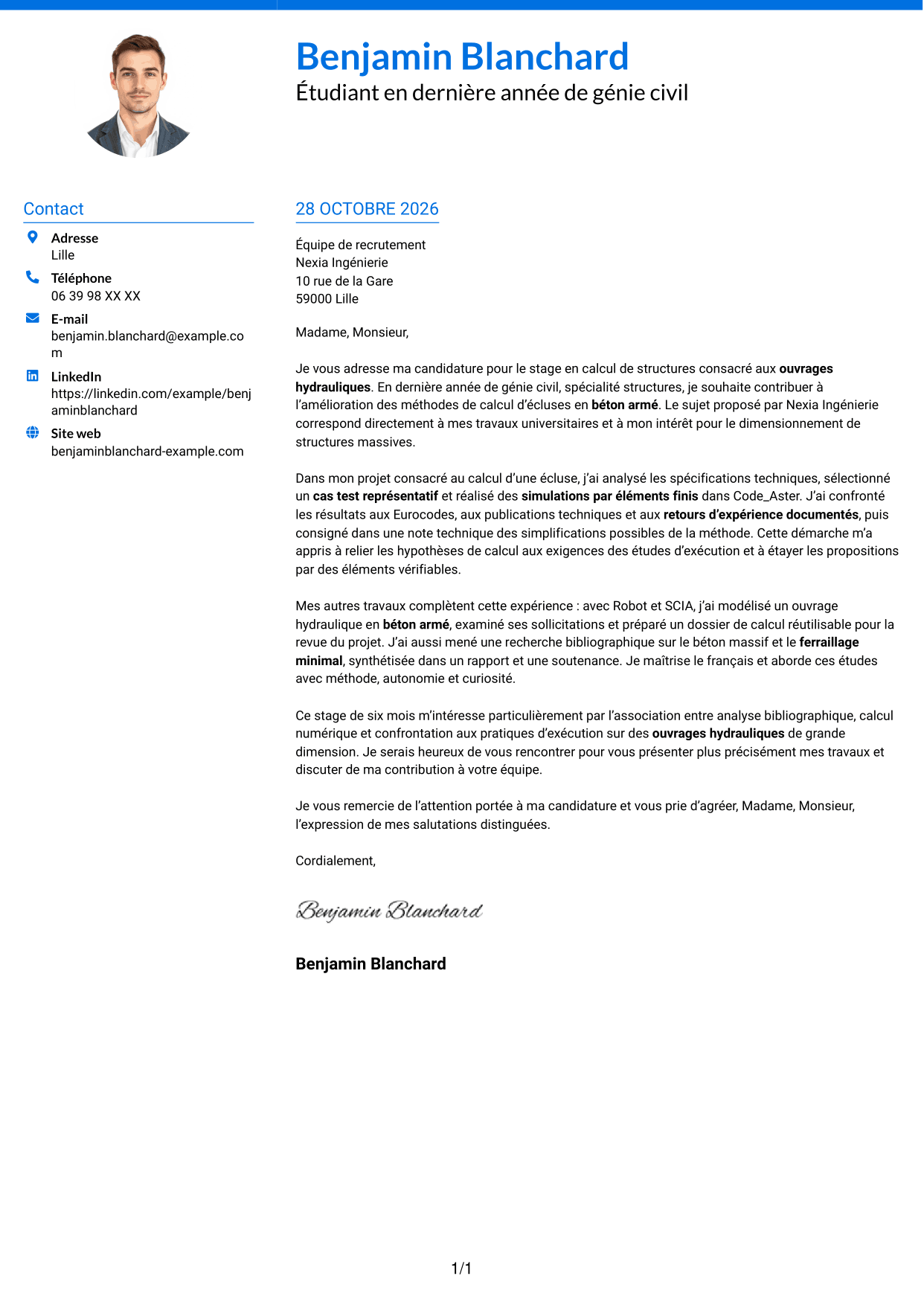 Lettre de motivation Audacieux (format à deux colonnes avec accents colorés et photo) : Ingénieur calcul structures - Ouvrages hydrauliques, page 1