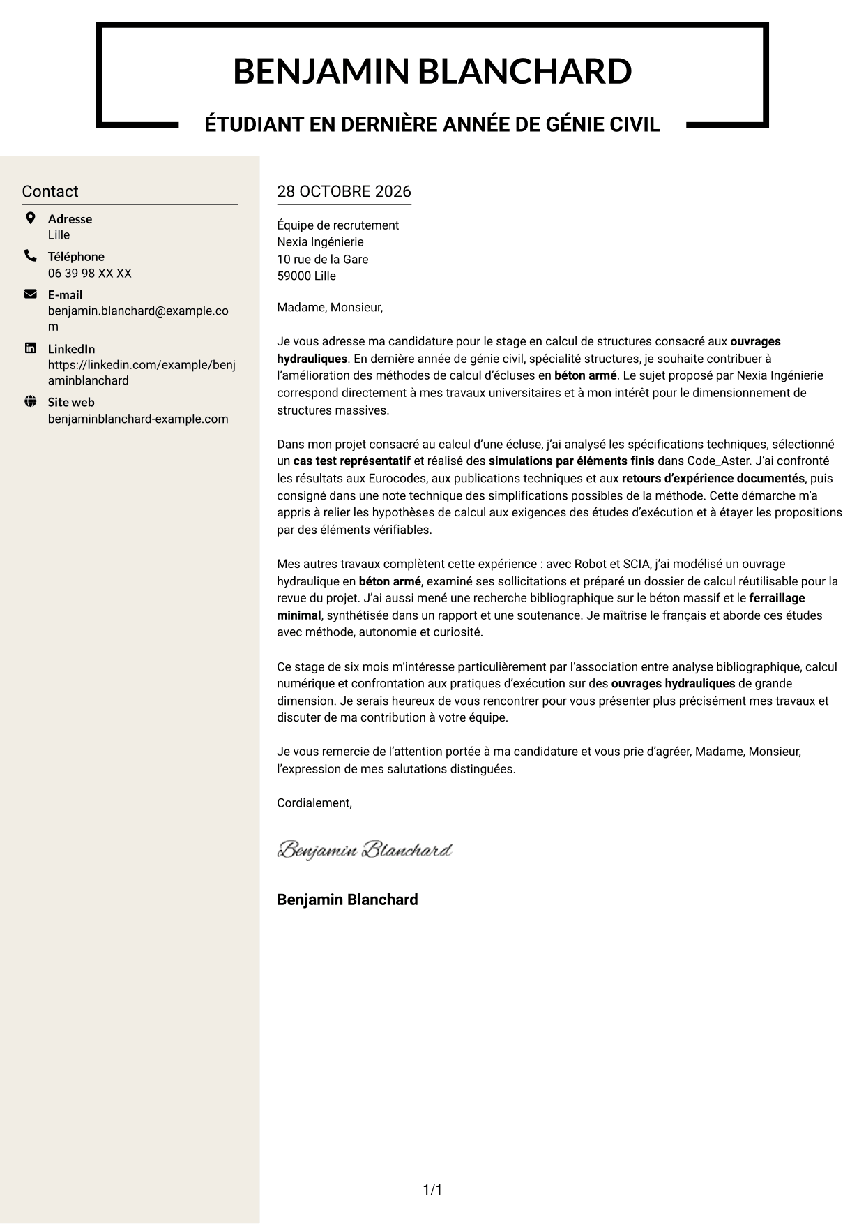 Lettre de motivation Fonceur (format à deux colonnes avec en-tête centré sans photo) : Ingénieur calcul structures - Ouvrages hydrauliques, page 1