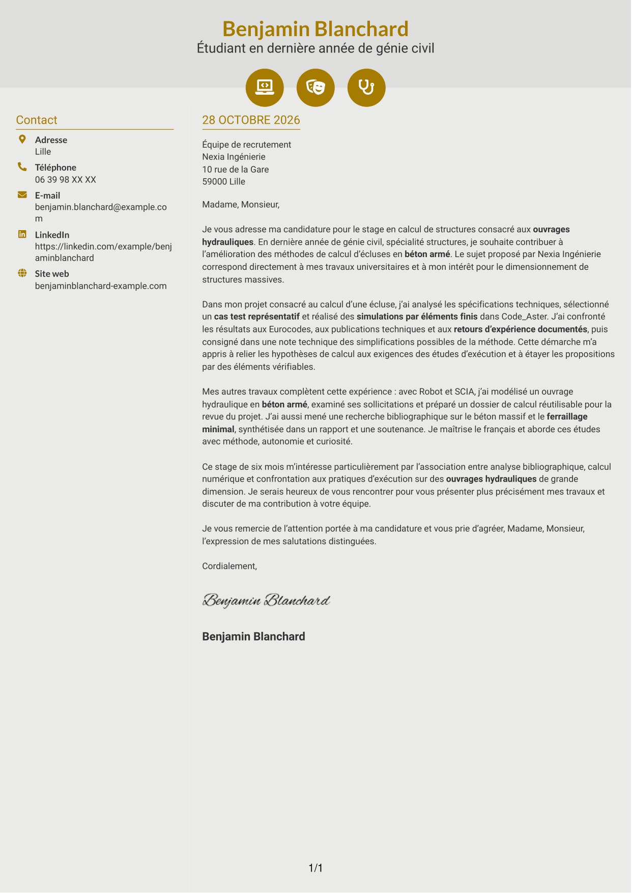 Lettre de motivation Dynamique (format à deux colonnes avec icônes) : Ingénieur calcul structures - Ouvrages hydrauliques, page 1