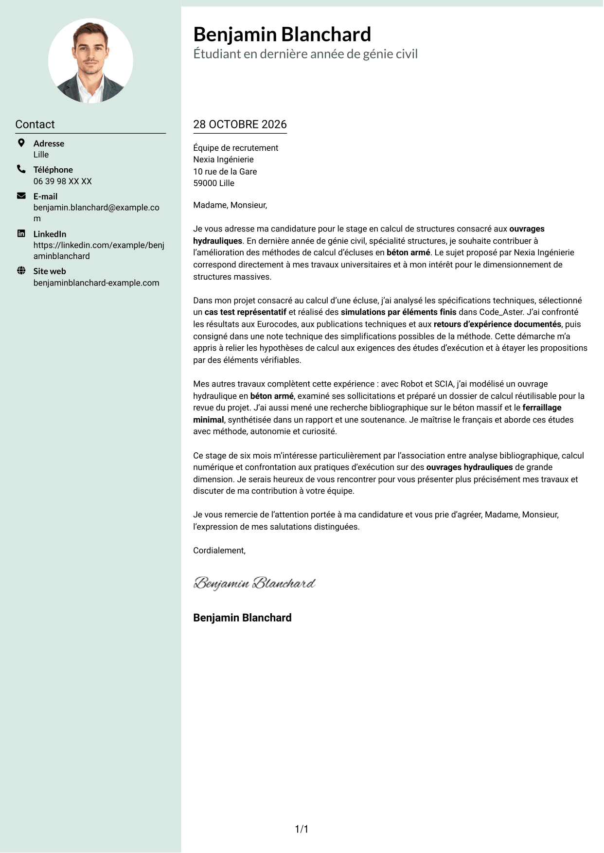 Lettre de motivation Cadre (format à colonne latérale douce avec photo arrondie) : Ingénieur calcul structures - Ouvrages hydrauliques, page 1