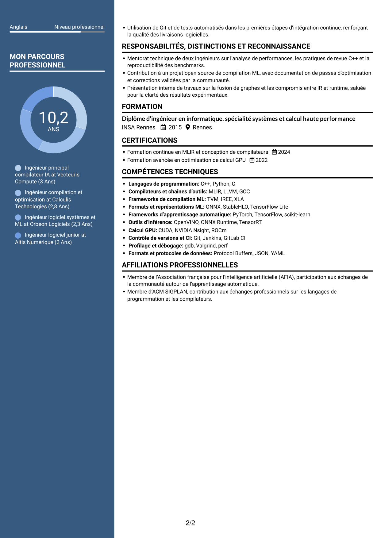 CV Élégant (format à colonne latérale colorée avec photo) : Ingénieur compilateur IA, page 2