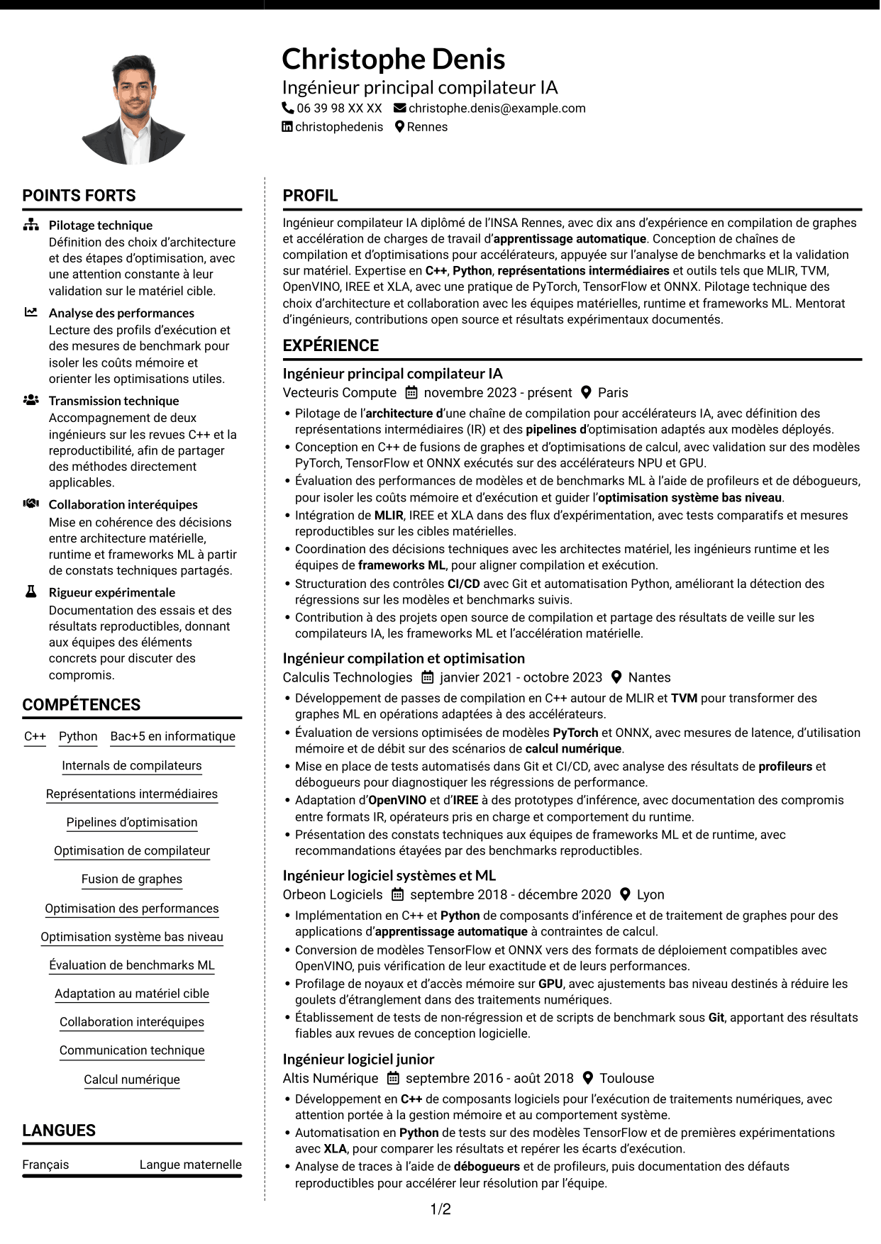 CV Moderne (format à deux colonnes avec photo à gauche et séparateur) : Ingénieur compilateur IA, page 1