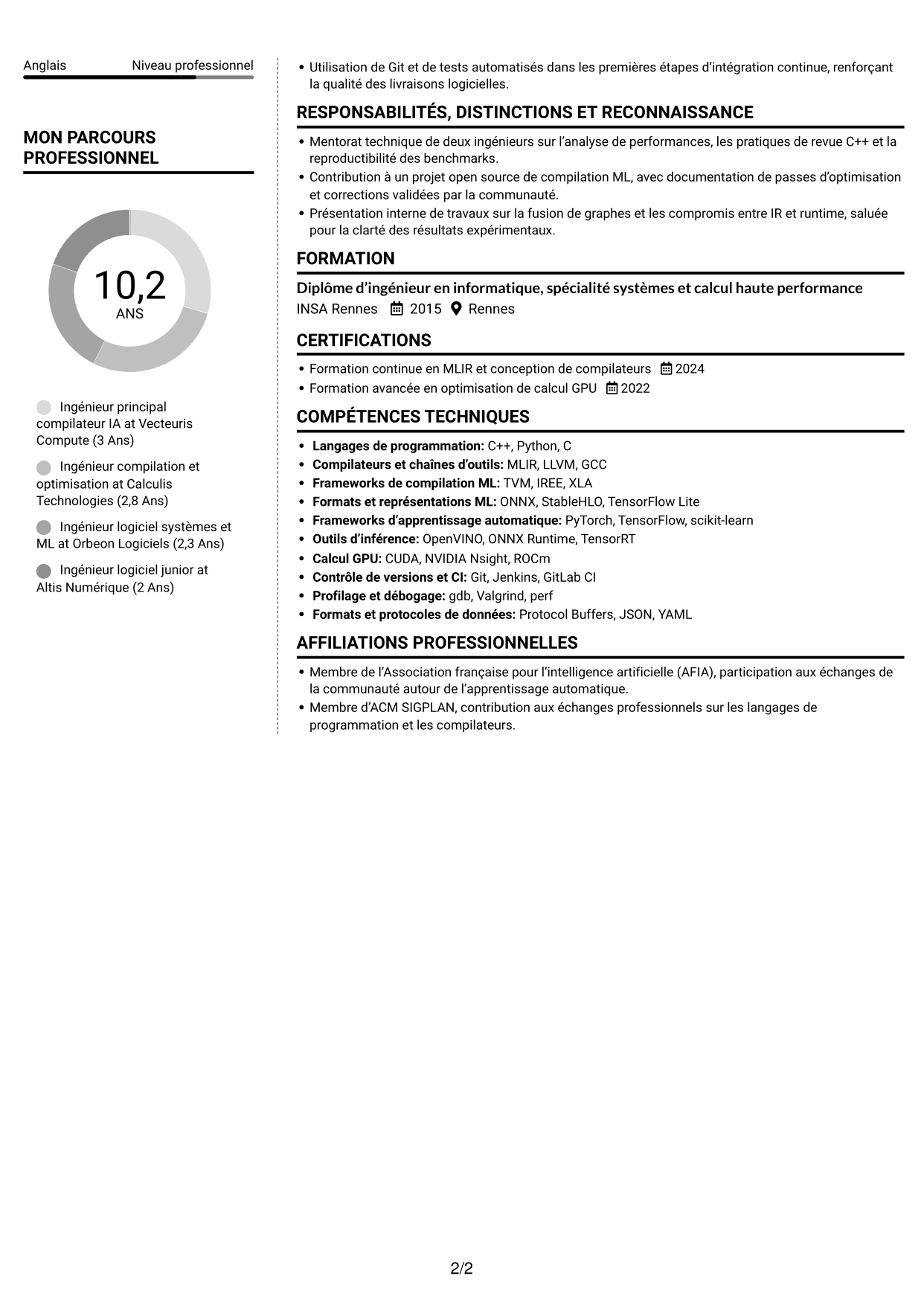 CV Moderne (format à deux colonnes avec photo à gauche et séparateur) : Ingénieur compilateur IA, page 2