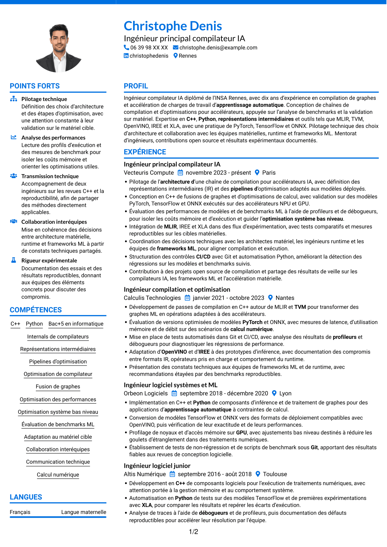 CV Audacieux (format à deux colonnes avec accents colorés et photo) : Ingénieur compilateur IA, page 1