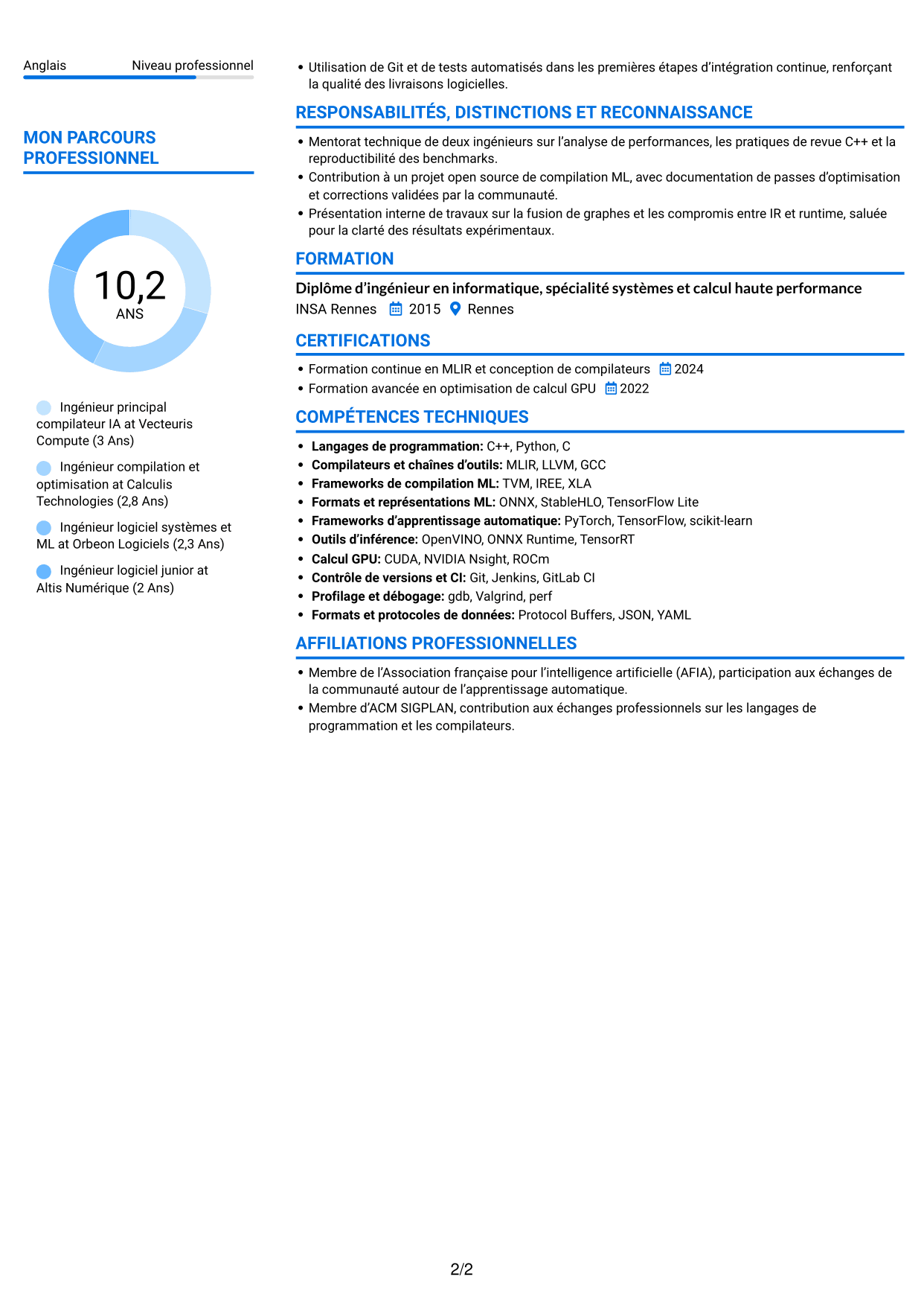 CV Audacieux (format à deux colonnes avec accents colorés et photo) : Ingénieur compilateur IA, page 2
