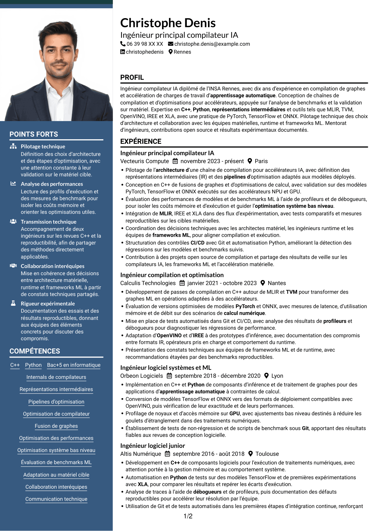 CV Signature (format à colonne latérale colorée avec grande photo) : Ingénieur compilateur IA, page 1