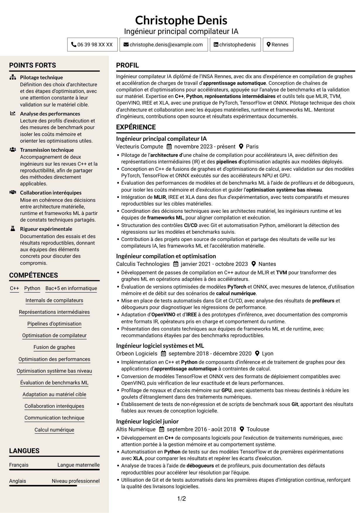 CV Fonceur (format à deux colonnes avec en-tête centré sans photo) : Ingénieur compilateur IA, page 1