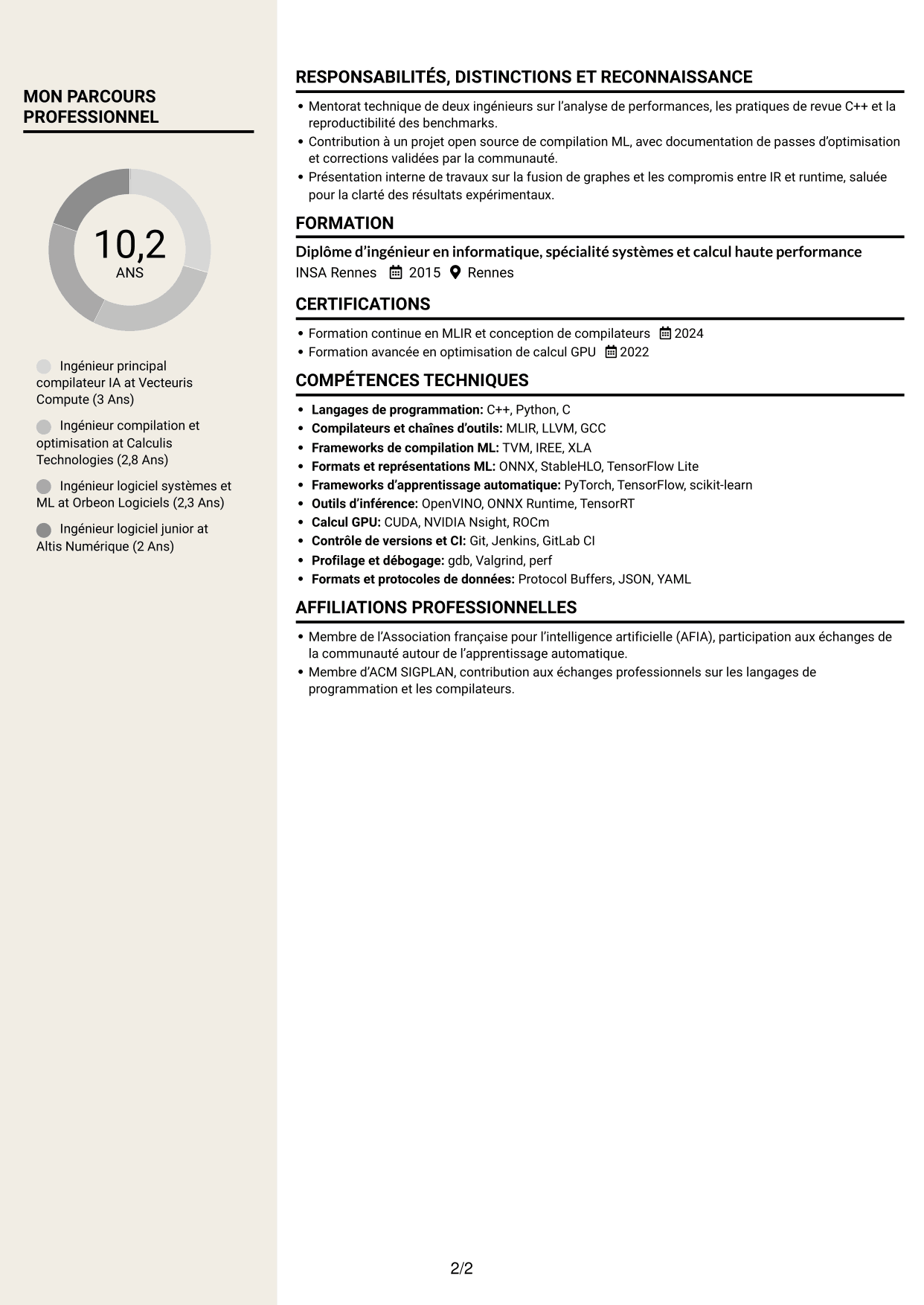 CV Fonceur (format à deux colonnes avec en-tête centré sans photo) : Ingénieur compilateur IA, page 2