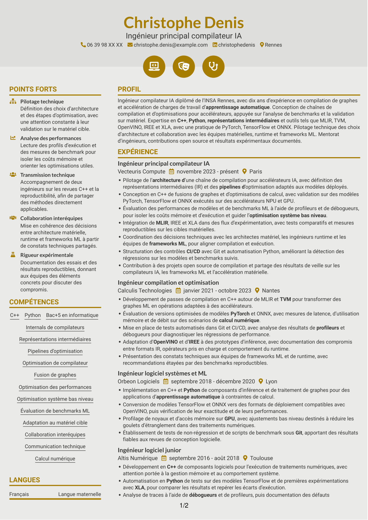CV Dynamique (format à deux colonnes avec icônes) : Ingénieur compilateur IA, page 1