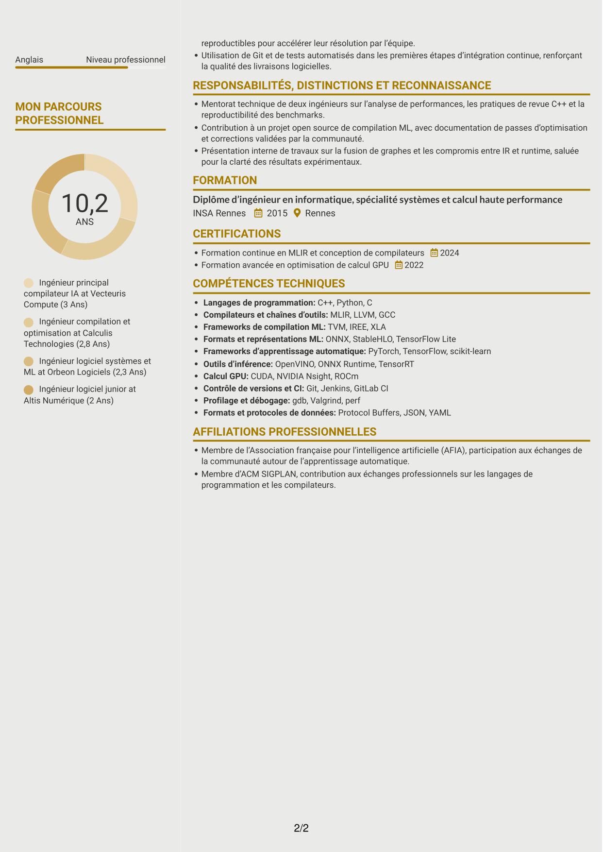 CV Dynamique (format à deux colonnes avec icônes) : Ingénieur compilateur IA, page 2