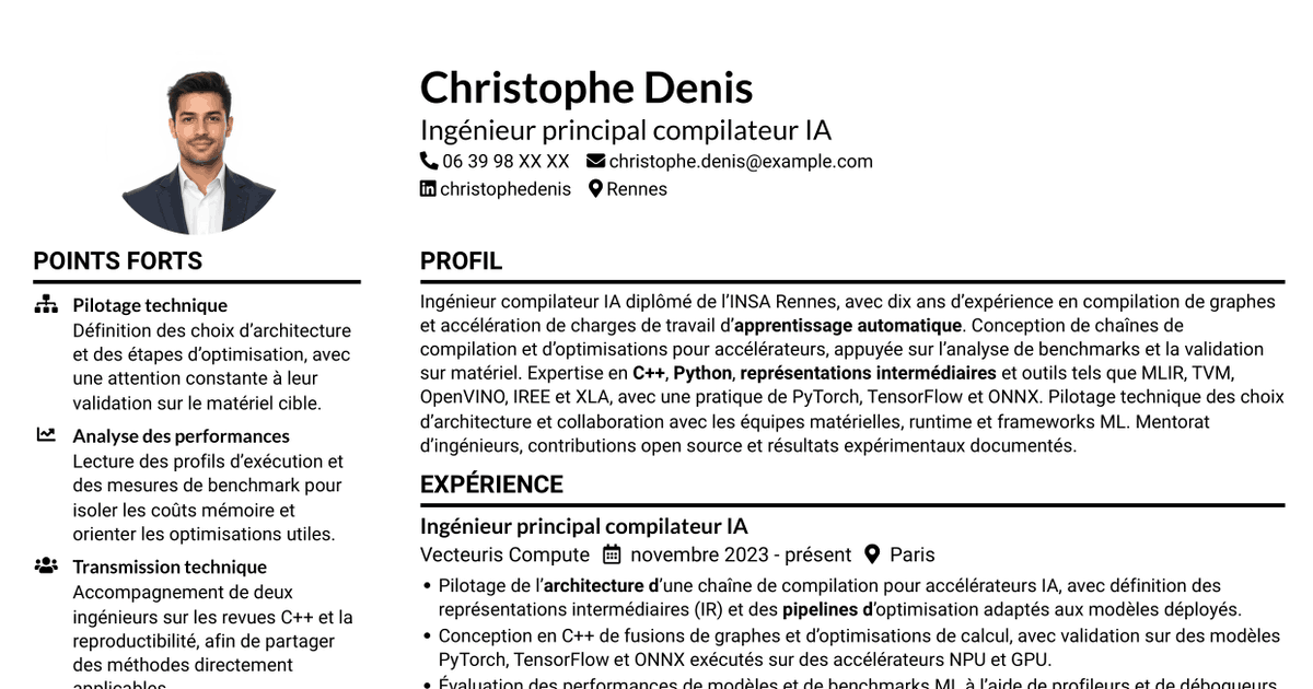 7 modèles de CV pour Ingénieur compilateur IA, avec exemples