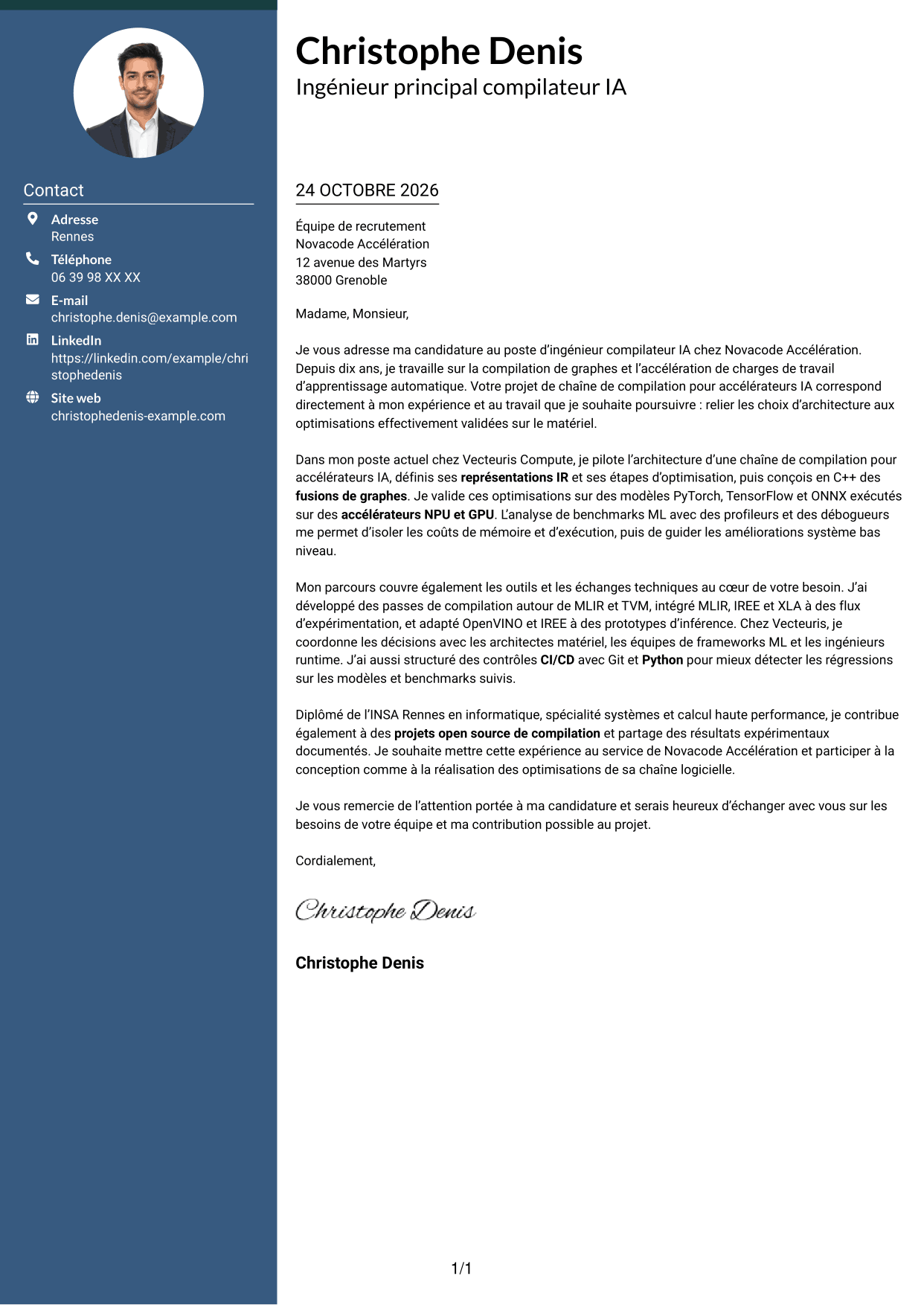 Lettre de motivation Élégant (format à colonne latérale colorée avec photo) : Ingénieur compilateur IA, page 1