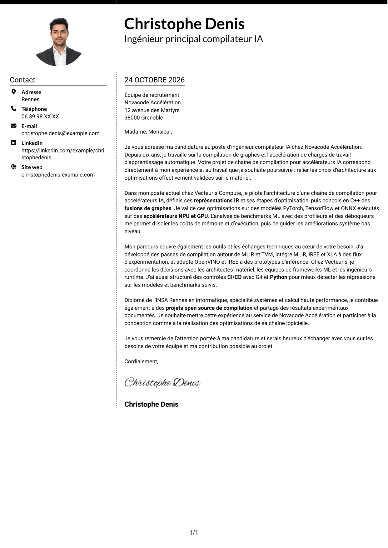 Lettre de motivation Moderne (format à deux colonnes avec photo à gauche et séparateur) : Ingénieur compilateur IA, page 1