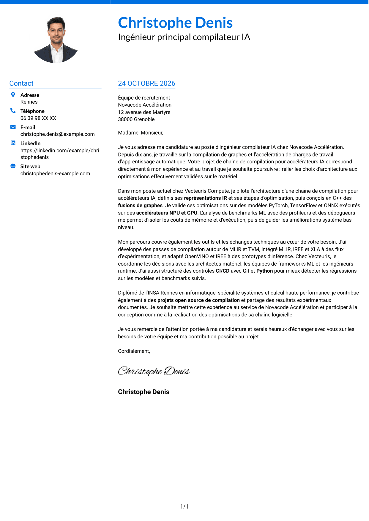 Lettre de motivation Audacieux (format à deux colonnes avec accents colorés et photo) : Ingénieur compilateur IA, page 1