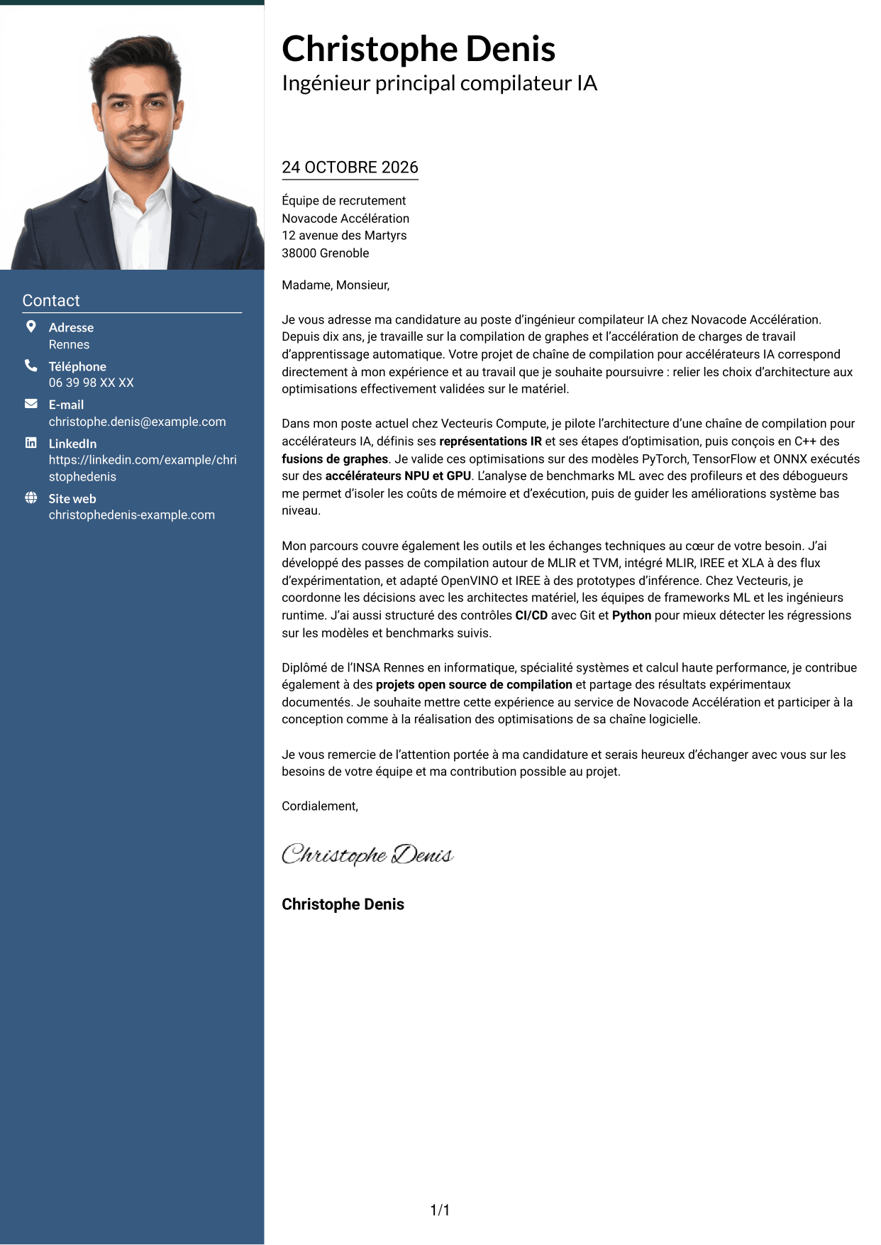 Lettre de motivation Signature (format à colonne latérale colorée avec grande photo) : Ingénieur compilateur IA, page 1