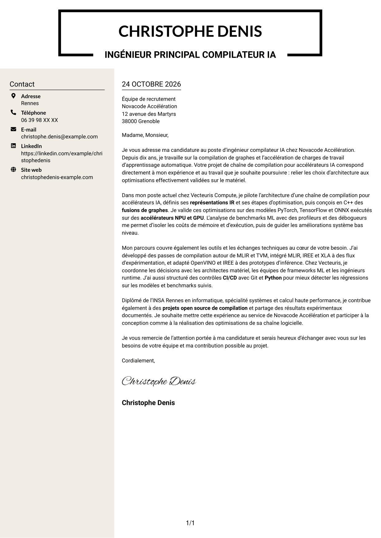 Lettre de motivation Fonceur (format à deux colonnes avec en-tête centré sans photo) : Ingénieur compilateur IA, page 1